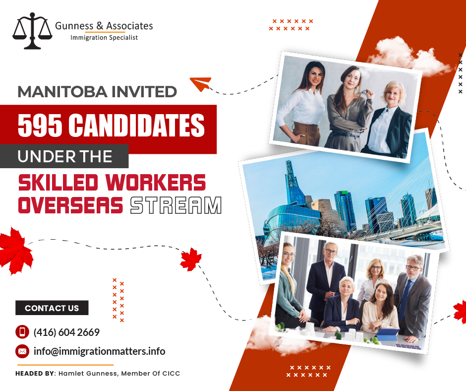 On July 20, 2023, Manitoba held a new invitation round in the MPNP. In round #186, the MPNP held a new draw under the Skilled Workers Overseas stream and issued 595 LAAs to eligible candidates (340 to Express Entry candidates). The lowest score in the SWO category was 611 points, 163 points fewer than in the previous draw. In general, the MPNP invites candidates under three streams: Skilled workers in Manitoba, SWO, and the International Education Stream.  In this round of invitations, Manitoba held an SWO-only draw. In 2023, MPNP invited 8,433 candidates, and 2,360 of them received invitations in the Express Entry.What is the Skilled Workers Overseas stream?If you want to be considered for the Skilled Worker Overseas (SWO) path, you must show that you have a strong connection with Manitoba by Having the assistance of family or friends (Manitoba assistance), having completed your study or worked in the province previously (Manitoba Experience), or having received an invitation to apply directly from the MPNP as part of a strategic recruitment initiative (Manitoba Invitation).You must receive at least 60 points based on the following five factors in addition to having a link to Manitoba: language proficiency, age, work experience, education, and adaptability.International Education Stream Three paths of the Manitoba Provincial Nominee Program (MPNP), a Provincial Nominee Program (PNP) run by the government of Manitoba, are included in the Manitoba International Education Stream (IES). The government of Manitoba's International Education Stream caters to foreign students who have recently completed a post-secondary program there. The following streams are part of the Manitoba International Education program:Manitoba Career Employment Pathway
Manitoba Graduate Internship Pathway
Manitoba Student Entrepreneur PathwayJoin our RSS Feed Want to know more details about “Manitoba invited candidates under the Skilled Workers Overseas stream” you can contact one of our immigration specialists at  Gunness & Associates.Tel: (416) 604-2669 Email: info@immigrationmatters.infoGunness & Associates has helped thousands of people successfully immigrate to Canada with their families. Our skilled and experienced immigration experts have the expertise to accurately examine your case and advise you on the best method of proceeding to best serve your needs.For honest and straightforward advice, contact the expertsat Gunness & AssociatesGet a free Assessment Join our newsletter and get up-to-date immigration news Click hereAll rights reserved ©2023 Gunness & Associates