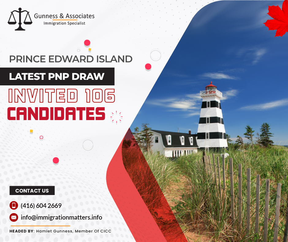 Prince Edward Island conducted a new invitation round in the Latest Prince Edward Island PNP Draw. In this round of invitations, the province issued 97 invitations to apply to candidates under the Critical Worker Stream working for a PEI Employer and having the EOI score 50 points and more. PEI also invited nine candidates to the Business Work Permit Entrepreneurs stream. The lowest score for business candidates was 80 points, two points fewer than in the June draw. This year, PEI invited 1,639 candidates. According to the schedule, the next PEI PNP draw will occur on August 3, 2023.Latest Prince Edward Island PNP Draw 2023Prince Edward Island PNP draws results till July 20, 2023, are listed in the table below:DateBusiness Work PermitMinimum PointLabour & Express Entry InvitationsInvitationJuly 20, 202398097106June 29, 2023--9090June 15, 2023482118122June 1, 2023--9797May 18, 2023365156159May 4, 2023--122122Apr 20, 2023972180189Mar 30, 2023--113113Mar 16, 2023652138144Mar 2, 2023--4646Feb 16, 2023670222228Jan 19, 2023762216223Total35 -1,4981,533PEI critical worker streamForeign workers may be eligible to apply for the PEI Critical Worker stream of the Prince Edward Island Provincial Nominee Program (PEI PNP) if they have at least two years of relevant experience in semi-skilled and unskilled occupations.What are the requirements for PEI critical worker stream?For the PEI Critical Worker Stream, you must meet the following requirements:have a job offer for a full-time, non-seasonal (i.e., permanent or for at least two years) intermediate skilled position from a PEI firm, which is designated as a TEER category 4 or 5 position (link is external)
have worked a minimum of six months full-time for the PEI employer;
have a valid work permit and legal status in Canada;
having a secondary school diploma as a minimum education;
must be a person between the ages of 18 and 59
have completed relevant education or have a minimum of two years of full-time work experience within the last five years
offer a language test with a minimum CLB/NCLC 4 score from an IRCC-approved testing center that was taken within the last two years;
have sufficient funds to cover all immigration-related charges (including travel costs) for you and your family to be able to settle in PEI; and
Demonstrate a genuine desire to settle in PEI.Join our RSS Feed Want to know more details about “Prince Edward Island Latest PNP Draw Invited 106 Candidates” you can contact one of our immigration specialists at  Gunness & Associates.Tel: (416) 604-2669 Email: info@immigrationmatters.infoGunness & Associates has helped thousands of people successfully immigrate to Canada with their families. Our skilled and experienced immigration experts have the expertise to accurately examine your case and advise you on the best method of proceeding to best serve your needs.For honest and straightforward advice, contact the expertsat Gunness & AssociatesGet a free Assessment Join our newsletter and get up-to-date immigration news Click hereAll rights reserved ©2023 Gunness & Associates