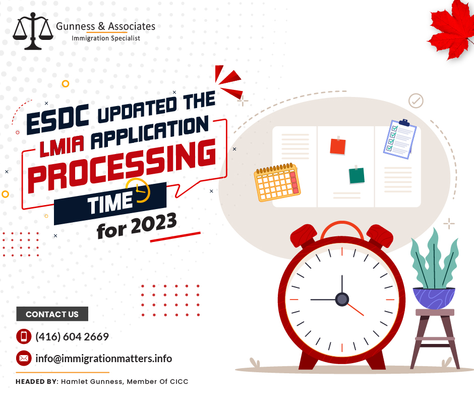 On August 16, 2023, Employment and Social Development Canada (ESDC) updated the LMIA application processing times for 2023 under various streams. Service Canada is dedicated to giving all Temporary Foreign Worker Programme (TFWP) applicants excellent client service and recognizes the importance of the program in addressing Canada's labor shortages and serving the needs of Canadian businesses.Depending on how many applications the TFWP receives, processing times for LMIA applications can change. Service Canada is committed to processing all LMIA applications as quickly as possible.What are the updated LMIA application processing times for 2023?Based on statistics from all processing centers, the current average LMIA processing times have increased for the Permanent residence Stream, Agricultural stream, and In-home caregivers. Global Talent Stream - 10 business days (-3 days)
Agricultural stream - 16 business days (+5 days)
Seasonal Agricultural Worker Program - 6 business days (-1 day)
Permanent residence Stream - 60 business days (+6 days)
In-home caregivers – 24 business days (+1 day)
High-wage Stream - 37 business days (-3 days)
Low-wage Stream - 44 business days (-6 days)If you’re an employer and looking to get an LMIA or hire a foreign skilled worker for your business get an assessment with Gunness & AssociatesWhat is a Labour Market Impact Assessment?Before hiring a foreign worker, a Canadian business may require to get a Labour Market Impact Assessment (LMIA). A positive LMIA will demonstrate that a foreign worker is required to fill the position. Additionally, it will demonstrate that no Canadian citizen or permanent resident is qualified for the position. A confirmation letter is another name for a positive LMIA.The worker can submit a work permit application after the employer receives the LMIA.Applicants for work permits must meet the following requirements:a job offer letter, 
a contract, 
a copy of the LMIA, and 
the LMIA numberJoin our RSS Feed Want to know more details about “ESDC updated LMIA applications processing times for 2023” you can contact one of our immigration specialists at  Gunness & Associates.Tel: (416) 604-2669 Email: info@immigrationmatters.infoGunness & Associates has helped thousands of people successfully immigrate to Canada with their families. Our skilled and experienced immigration experts have the expertise to accurately examine your case and advise you on the best method of proceeding to best serve your needs.For honest and straightforward advice, contact the expertsat Gunness & AssociatesGet a free Assessment Join our newsletter and get up-to-date immigration news Click hereAll rights reserved ©2023 Gunness & Associates