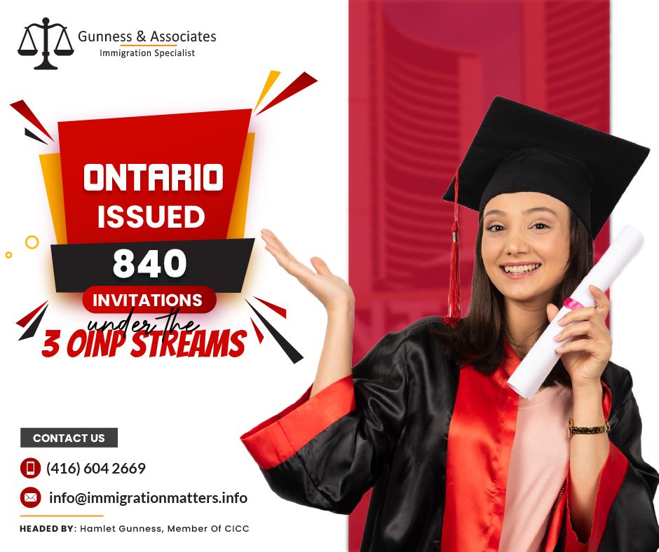 On August 1, 2023, the Government of Ontario invited candidates through three OINP streams. The province issued 755 invitations to apply (ITAs) for the Master's Graduate stream and 84 ITAs for the PhD Graduate Stream. The minimum scores for these draws were 48 points and 39 points, respectively. In addition, the province invited one candidate in the targeted draw for the federal Economic Mobility Pathways Project under the OINP’s Foreign Worker stream. So far, Ontario has issued invitations to 22,953 candidates under all streams in 2023.Overview of invitations under the three OINP Streams In the table below you can find an overview of the 840 invitations under the three OINP Streams. In all these streams The Master's Graduate Stream has received the most OINP invites to apply so far in 2023, making it the most popular stream overall.OINP StreamsInvitationsProfiles createdScore DescriptionsMasters Graduate Stream755November 22, 2022 – August 1, 202348 and aboveGeneral DrawPh.D. Graduate Stream84November 22, 2022 – August 1, 202339 and aboveGeneral DrawEmployer Job Offer: Foreign Worker stream1November 22, 2022 – August 1, 202336 and aboveTargeted draw for Economic Mobility Pathways.The invited profiles in this OINP draw now have 14 days to submit their provincial PR applications.OINP Draws 2023 are detailed listed: Click here!How long is the application processing time for OINP in 2023?Ontario updated the average application processing times for the OINP on July 25, 2023, Ontario updated the average processing time in the Ontario Immigrant Nominee Program (OINP). Currently, the processing times for Ontario’s Express Entry Human Capital Priorities Stream and Express Entry Skilled Trades Stream is 70-100 days. Processing times for Ontario’s Express Entry French-Speaking Skilled Worker Stream, Master’s Graduates and Ph.D. Graduates Streams, Employer Job Offer: In-Demand Skills Stream, Employer Job Offer: Foreign Worker, and Employer Job Offer: International Student Stream is 90-120 days. The processing time for Ontario’s Expression of Interest (EOI) Assessment in the Entrepreneur Stream still requires less than 30 days, and the application processing depends on the complexity of the business nomination application.Join our RSS Feed Want to know more details about “Ontario issued 840 invitations under the Three OINP streams” you can contact one of our immigration specialists at  Gunness & Associates.Tel: (416) 604-2669 Email: info@immigrationmatters.infoGunness & Associates has helped thousands of people successfully immigrate to Canada with their families. Our skilled and experienced immigration experts have the expertise to accurately examine your case and advise you on the best method of proceeding to best serve your needs.For honest and straightforward advice, contact the expertsat Gunness & AssociatesGet a free Assessment Join our newsletter and get up-to-date immigration news Click hereAll rights reserved ©2023 Gunness & Associates