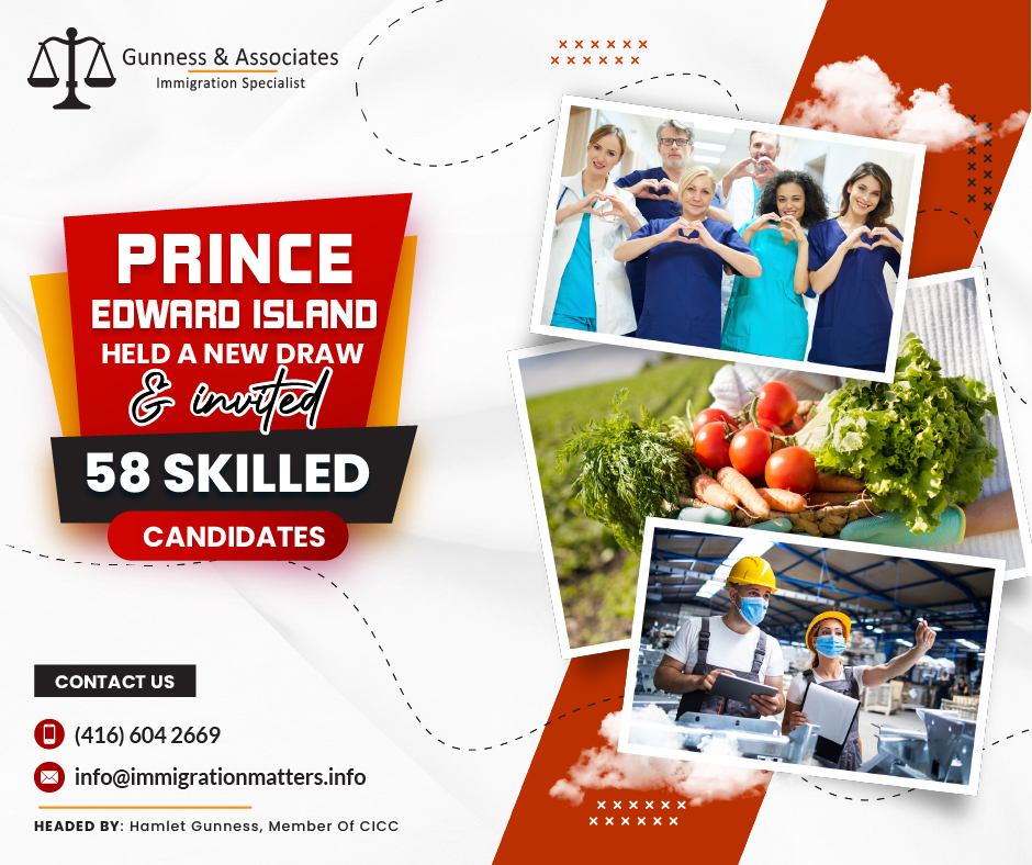 On August 3, 2023, Prince Edward Island conducted a new invitation round under the PEI PNP Draw in the Labour Impact and Express Entry streams and invited 58 candidates. This draw invited candidates working in:Healthcare 
Manufacturing 
Food Processing 
Construction 
Hotel/Accommodation  
Agriculture According to the schedule, the next PEI PNP draw will occur on August 17, 2023.PEI PNP Draw results of 2023Under the PEI PNP, the province invited 1,697 candidates this year, including 1,653 candidates under the Labour Impact and Express Entry categories and 44 business candidates. In the table below the results of PEI PNP Draws for 2023 as of August 03, 2023, are listed: DateEntrepreneur InvitationsMinimum Point ThresholdLabour & Express Entry InvitationsTotal invitationsAug 3, 2023--5858July 20, 202398097106June 29, 2023--9090June 15, 2023482118122June 1, 2023--9797May 18, 2023365156159May 4, 2023--122122Apr 20, 2023972180189Mar 30, 2023--113113Mar 16, 2023652138144Mar 2, 2023--4646Feb 16, 2023670222228Jan 19, 2023762216223Total44 -1,6531,697What is the PEI Labour Impact category? The Prince Edward Island Provincial Nomination Program (PEI PNP) offers a number of Labour Impact programs for skilled workers and new graduates who want to reside permanently in PEI. Such programs provide potential immigrants who have received a job offer from a PEI employer the opportunity to benefit from an accelerated pathway to permanent residency. Three streams are included in the category of PEI labor impact: PEI Skilled Workers
PEI Critical Worker
PEI International Graduate
About the PEI PNP Express EntryThe Prince Edward Island Provincial Nomination Program (PEI PNP) Express Entry stream does not require candidates to have a job offer from a PEI employer at the time of submitting their Expression of Interest, as compared to many other Provincial Nominee Program (PNP) streams associated with Express Entry.Candidates obtain provincial nominations depending on whether their qualifications and work history match PEI's labor demands, and this nomination can greatly improve a candidate's chances of being invited to submit an Express Entry application for permanent residency.Join our RSS Feed Want to know more details about “Prince Edward Island held a new draw and invited 58 skilled candidates” you can contact one of our immigration specialists at  Gunness & Associates.Tel: (416) 604-2669 Email: info@immigrationmatters.infoGunness & Associates has helped thousands of people successfully immigrate to Canada with their families. Our skilled and experienced immigration experts have the expertise to accurately examine your case and advise you on the best method of proceeding to best serve your needs.For honest and straightforward advice, contact the expertsat Gunness & AssociatesGet a free Assessment Join our newsletter and get up-to-date immigration news Click hereAll rights reserved ©2023 Gunness & Associates