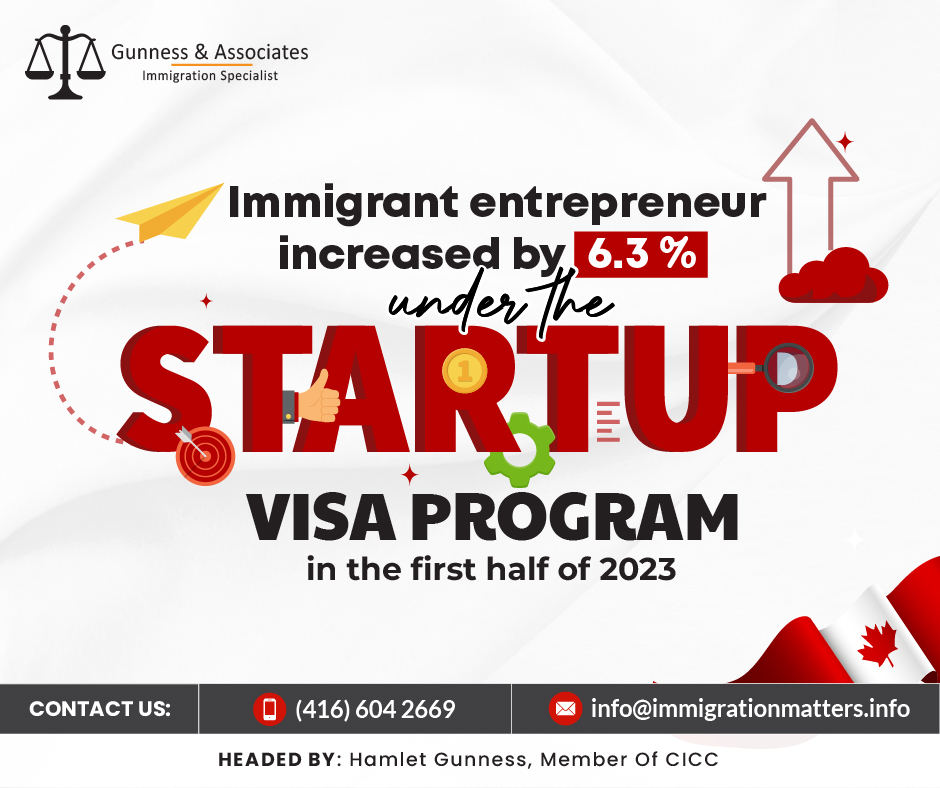 the Start-Up Visa program (SUV) has seen a 6.3% increase in new permanent residents arriving as entrepreneurs during the first half of this year compared to last year. Although the number of new permanent residents coming under the SUV slipped slightly in June, the trend is still upward. The government's Immigration Levels Plan for 2023 to 2025 allows for a significant increase, with 3,500 newcomers in the federal business category in 2023, rising to 6,000 by 2025. The SUV program is expected to account for most of this allocation. British Columbia and Ontario have been the most popular destinations for immigrant entrepreneurs arriving under the SUV this year.Canada's Start-Up Visa program Guide 2023The start-up visa program may make it possible for entrepreneurs to immigrate to Canada. Canada is on a search for bright entrepreneurs who are eager to start businesses that will boost its economy and offer job opportunities to its citizens. The Start-up Visa Program in Canada encourages immigrant business owners who have the skills and ability to start successful businesses in Canada:are innovative
can create jobs for Canadians
can compete on a global scale
How can I qualify for the Start-Up Visa Program?You must fulfill all 4 eligibility requirements for the Start-up Visa (SUV) Program in addition to the requirements for entry into Canada in order to be eligible. You must:have a qualifying business
have a letter of support from a designated organization
meet the language requirements, and
have enough money to settle and live in CanadaWhat is 2023-2025 Immigration Levels Plan? On November 1, 2022, the 2023–2025 Immigration Levels Plan was introduced, defining the path for raising immigration levels to support Canada's economic growth and meet labor market needs. The 2023–2025 Immigration Levels Plan will help Canada maintain its position as one of the top talent destinations in the world while reuniting families and fulfilling Canada's humanitarian obligations, including the resettlement of Afghans who are in need of assistance.With a stronger emphasis on regional immigration to spread the advantages of immigration across Canada, the Levels Plan gives economic immigration priority in order to support the development of a strong economy. More than half of all expected admissions are for the economic class.On November 1, 2022, the 2023–2025 Immigration Levels Plan (Levels Plan) was introduced in Parliament. It included the following targets for admitting new permanent residents:465,000 in 2023 (range: 410,000-505,000)
485,000 in 2024 (range: 430,000-542,500)
500,000 in 2025 (range: 442,500-550,000)Join our RSS Feed Want to know more details about “Immigrant entrepreneurs increased by 6.3% under the Start-Up Visa program in the first half of 2023” you can contact one of our immigration specialists at  Gunness & Associates.Tel: (416) 604-2669 Email: info@immigrationmatters.infoGunness & Associates has helped thousands of people successfully immigrate to Canada with their families. Our skilled and experienced immigration experts have the expertise to accurately examine your case and advise you on the best method of proceeding to best serve your needs.For honest and straightforward advice, contact the expertsat Gunness & AssociatesGet a free Assessment Join our newsletter and get up-to-date immigration news Click hereAll rights reserved ©2023 Gunness & Associates