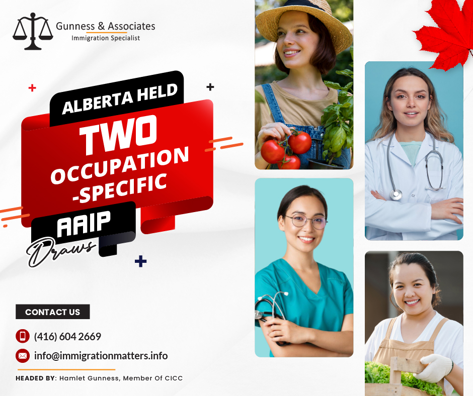 Alberta held two occupation-specific AAIP draws on August 2, 2023, the Government of Alberta published the results of the new invitation rounds in the Alberta Express Entry Stream. On August 1, 2023, the province held two draws under the Alberta Advantage Immigration Program (AAIP). Alberta issued 11 invitations under the Designated Healthcare Pathway. Invited candidates had a minimum score of 317. In addition, the AAIP invited 32 candidates with Alberta job offers in the agriculture sector. As of August 2, 2023, the province invited 2,069 Express Entry candidates to apply for a provincial nomination in the Alberta Express Entry and issued 6,431 nomination certificates.What is Alberta Express Entry Stream?A limited number of qualifying applicants may be nominated by Alberta through the Express Entry system of Immigration, Refugees, and Citizenship Canada under the Alberta Express Entry Stream. The Alberta Express Entry System's priorities and methods of selecting applicants are provided as a courtesy and are subject to change at any time. The Alberta Express Entry Stream has to extend invitations to applicants. How to be selected for Alberta Express Entry Stream?Candidates may be asked to submit an application or receive a Notification of Interest (NOI) letter if they have one of the following:a connection with personal family members in Alberta and experience in an in-demand occupation, 
a job offer from an Alberta employer in the healthcare industry and are licensed to practice in one of the qualified healthcare professions under the Designated Healthcare Pathway; expedited processing applies
a job offer for an eligible tech occupation from an Alberta employer in an eligible tech industry under the Accelerated Tech Pathway; an initial Accelerated Tech Pathway web form is required as a first step and expedited processing applies 
experience is required to help meet labor needs in major sectors like agriculture, construction, tourism, and hospitalityJoin our RSS Feed Want to know more details about “Alberta held two occupation-specific AAIP draws” you can contact one of our immigration specialists at  Gunness & Associates.Tel: (416) 604-2669 Email: info@immigrationmatters.infoGunness & Associates has helped thousands of people successfully immigrate to Canada with their families. Our skilled and experienced immigration experts have the expertise to accurately examine your case and advise you on the best method of proceeding to best serve your needs.For honest and straightforward advice, contact the expertsat Gunness & AssociatesGet a free Assessment Join our newsletter and get up-to-date immigration news Click hereAll rights reserved ©2023 Gunness & Associates