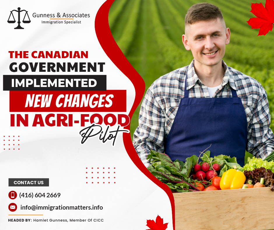 On August 18, 2023, the Government of Canada implemented two changes to the Agri-Food Pilot (AFP), providing more opportunities for workers and their families to apply for permanent residency. First, family members of all AFP participants can now apply for open work permits. Second, Canada started accepting union reference letters instead of employer reference letters to confirm an applicant’s work experience. How to qualify for Agri-Food Pilot?The AFP launched as a 3-year pilot in 2020, was extended until May 14, 2025. To qualify for permanent residency, applicants need Canadian work experience in eligible industries and occupations, a full-time, non-seasonal job offer from a Canadian employer in an eligible sector and occupation (outside Quebec), language and educational requirements, and settlement funds (if applicable).About the Agri-Food Pilot The Agri-Food Pilot assists in meeting the labour requirements of the Canadian agri-food sector. The Agri-Food Immigration Pilot Program intends to help the agricultural industry fill labour shortages. The pilot program offers experienced, non-seasonal workers in particular industries and occupations a path to permanent residence.What are the Eligible occupations under the Agri-Food Pilot? The National Occupational Classification (NOC) code is used to classify occupations. Each eligible industry's eligible occupations are:NOC 63201 - Butchers - retail and wholesale
NOC 65202 - Meat cutters and fishmongers - retail and wholesale
NOC 94141 - Industrial butchers and meat cutters, poultry preparers and related workers
NOC 82030 - Agricultural service contractors and farm supervisors
NOC 84120 - Specialized livestock workers and farm machinery operators
NOC 85100 - Livestock labourers
NOC 95106 - Labourers in food and beverage processing
NOC 82030 - Agricultural service contractors and farm supervisors
NOC 84120 - Specialized livestock workers and farm machinery operators
NOC 85100 - Livestock labourers
NOC 85101 - Harvesting labourers
NOC 82030 - Agricultural service contractors and farm supervisors
NOC 84120 - Specialized livestock workers and farm machinery operators
NOC 85100 - Livestock labourers
NOC 85101 - Harvesting labourersJoin our RSS Feed Want to know more details about “The Canadian Government implemented new changes in Agri-Food Pilot” you can contact one of our immigration specialists at  Gunness & Associates.Tel: (416) 604-2669 Email: info@immigrationmatters.infoGunness & Associates has helped thousands of people successfully immigrate to Canada with their families. Our skilled and experienced immigration experts have the expertise to accurately examine your case and advise you on the best method of proceeding to best serve your needs.For honest and straightforward advice, contact the expertsat Gunness & AssociatesGet a free Assessment Join our newsletter and get up-to-date immigration news Click hereAll rights reserved ©2023 Gunness & Associates