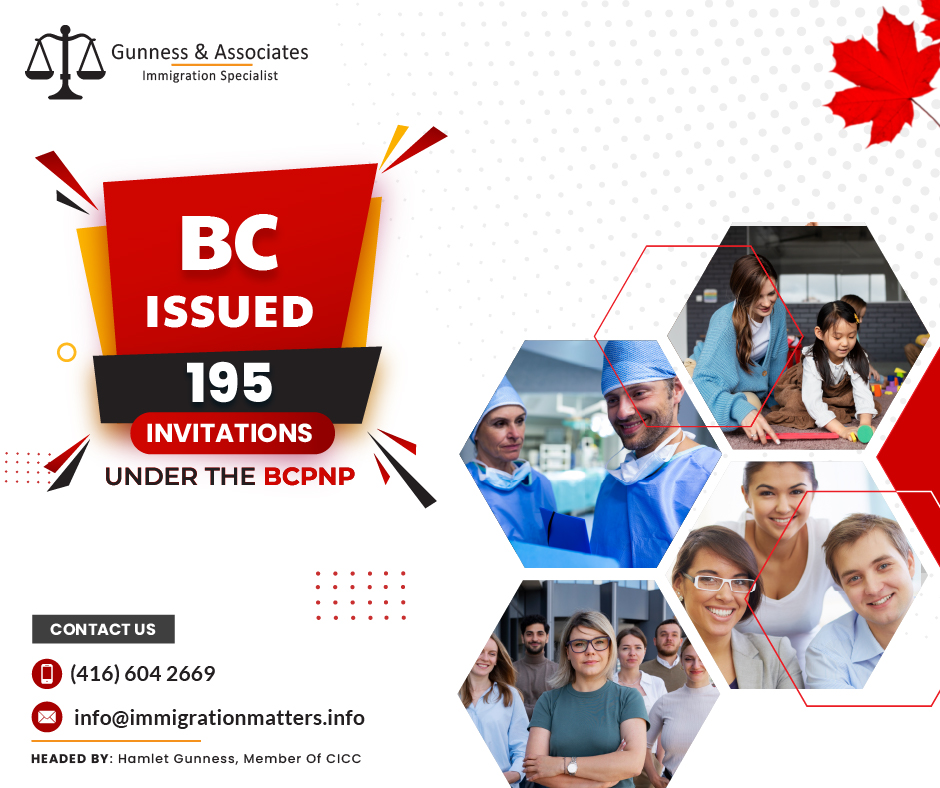 195 candidates were invited under the BC PNP draw on August 09, 2023, the Government of British Columbia issued new invitations under the British Columbia Provincial Nominee Program (BCPNP) and invited qualified Skills and Immigration candidates. In the general draw, the province invited 139 candidates. The minimum score for candidates invited to this draw was 88-110 points. The province issued 34 ITAs to candidates under the childcare-targeted draw for early childhood educators (NOC 42202). In the Healthcare-targeted draw, BC invited 22 candidates who scored 60 points. Latest BC PNP draw on August 09 OverviewThe overview of the stream, minimum score, and targeted draws descriptions of the latest BC PNP Draw on August 09 are listed in the table below:DateInvitationsStreamScoreDescriptionAugust 9, 2023139Skilled Worker107General draw (includes tech occupations)Skilled Worker - EEBC option107International Graduate110International Graduate - EEBC option110Entry Level and Semi-Skilled8834Skilled Worker, International Graduate (includes EEBC option)60Targeted draw: Childcare: Early childhood educators and assistants (NOC 42202)2260Targeted draw: HealthcareIn total, British Columbia issued 195 ITAs in this draw. This year, British Columbia has already invited 6,460 candidates.Important factors of targeted BC PNP Invitation roundsOne or more of the following factors may be used to target ITAs to the Skills Immigration streams:Education: level, field of study, and place of completion
Professional designations that are acceptable in BC
language proficiency
Occupation
length and level of work experience
the job's salary and/or level of skill
want to settle down in a specific region and live there
Strategic goals are elements that support government pilot programs and initiatives or address specific labor market needs in British Columbia BC PNP Draws 2023 You can find out details on the most recent BC PNP draw 2023 their dates, the number of invitations to apply (ITAs) issued to submit nomination applications, the draw streams that were held, and any specific factors targeted. To know details of the complete BC PNP draws of 2023 Click hereBC PNP’s Skills Immigration Stream British Columbia Provincial Nominee Program (BC PNP), a Provincial Nominee Program (PNP) run by the province of British Columbia, contains a number of immigration streams referred to as British Columbia Skills Immigration. Workers and foreign graduates who have the skills, education, and/or experience necessary to effectively contribute to the BC economy may be nominated for permanent residence in Canada through the BC Skills Immigration programs.The BC Skills Immigration program offers the following streams:BC Skilled Worker
BC Healthcare Professional
BC International Graduate
BC International Post-Graduate
BC Entry Level and Semi-Skilled WorkerJoin our RSS Feed Want to know more details about the “195 candidates invited under the BC PNP draw on August 09” you can contact one of our immigration specialists at  Gunness & Associates.Tel: (416) 604-2669 Email: info@immigrationmatters.infoGunness & Associates has helped thousands of people successfully immigrate to Canada with their families. Our skilled and experienced immigration experts have the expertise to accurately examine your case and advise you on the best method of proceeding to best serve your needs.For honest and straightforward advice, contact the expertsat Gunness & AssociatesGet a free Assessment Join our newsletter and get up-to-date immigration news Click hereAll rights reserved ©2023 Gunness & Associates