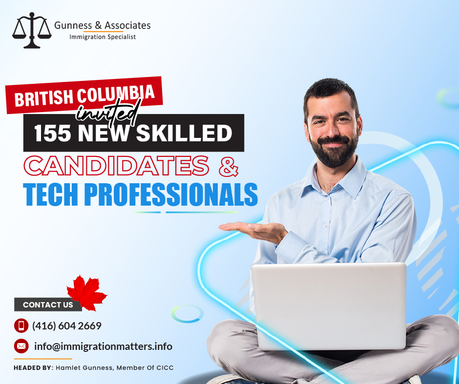 155 new BC PNP skilled candidates and tech professionals were invited on August 29, 2023, British Columbia issued new invitations in the Skilled Worker – International Graduate categories of the British Columbia Provincial Nominee Program (BCPNP). To be eligible for an ITA, invited candidates needed CRS scores ranging from 60 to 88. This was British Columbia's fifth Skills Immigration draw in August. The previous round of invitations was held on August 22nd, and ITAs were awarded to 230 Skilled Workers and International Graduates with a minimum score of 60. As a candidate, you can work with an immigration specialist. Fill out the form to Get an assessment from an experienced immigration consultant.Details of the invited BC PNP Skilled Candidates and Tech professionals in this DrawBritish Columbia invited a total of 155 skilled candidates and tech professionals on August 29, 2023. The invited candidates draw, the number of invitations in a specific draw, and the minimum score required are explained below.Tech-targeted drawIn the Tech-targeted draw, BC issued 102 invitations with a minimum score of 88 points. Streams invited are Skilled Workers and International Graduates (including the EEBC option) Childcare-targeted drawIn the Childcare-targeted draw for early childhood educators (NOC 42202), the province invited 28 candidates who scored 60 points. Streams invited are Skilled Workers and International Graduates (including the EEBC option) Healthcare-targeted drawIn the Healthcare-targeted draw, the province issued 20 invitations. Streams invited are Skilled Workers and International Graduates (including the EEBC option) Priority occupations invitations Additionally, fewer than five invitations have been issued for other priority occupations (NOCs 31103, 32104). Streams invited are Skilled Workers and International Graduates (including the EEBC option) The province invited up to 155 candidates with a score of 60-88 points. Including this draw, in 2023, British Columbia has already issued 7,003 invitations.BC PNP’s Skills Immigration Stream British Columbia Provincial Nominee Program (BC PNP), a Provincial Nominee Program (PNP) run by the province of British Columbia, contains a number of immigration streams referred to as British Columbia Skills Immigration. Workers and foreign graduates who have the skills, education, and/or experience necessary to effectively contribute to the BC economy may be nominated for permanent residence in Canada through the BC Skills Immigration programs.The BC Skills Immigration program offers the following streams:BC Skilled Worker
BC Healthcare Professional
BC International Graduate
BC International Post-Graduate
BC Entry Level and Semi-Skilled Worker
What are the eligibility criteria for BC Skilled worker immigration? The growing economy of British Columbia requires talented and experienced workers. The Skilled Worker program allows workers in professional, management, technical, trade, or other skilled occupations to seek permanent residence in British Columbia.To be eligible for this stream, You must have accepted a full-time, indefinite job offer from a B.C. business (the job offer cannot be temporary or have a set expiration date). A skilled occupation (NOC TEER 0, 1, 2, or 3) is required.
be qualified to fulfill the duties of the job.
having two years of full-time (or full-time equivalent) experience in any skilled occupation (NOC TEER 0, 1, 2, or 3).
Demonstrate your ability to support yourself and your dependents.
Have legal immigration status in Canada or be eligible for it.
Meet the minimal language requirements for NOC TEER 2 or 3 occupations.
have a wage offer that is competitive with B.C. wage rates for the occupation.Join our RSS Feed Want to know more details about “British Columbia invited 155 new skilled candidates and tech professionals” you can contact one of our immigration specialists at  Gunness & Associates.Tel: (416) 604-2669 Email: info@immigrationmatters.infoGunness & Associates has helped thousands of people successfully immigrate to Canada with their families. Our skilled and experienced immigration experts have the expertise to accurately examine your case and advise you on the best method of proceeding to best serve your needs.For honest and straightforward advice, contact the expertsat Gunness & AssociatesGet a free Assessment Join our newsletter and get up-to-date immigration news Click hereAll rights reserved ©2023 Gunness & Associates