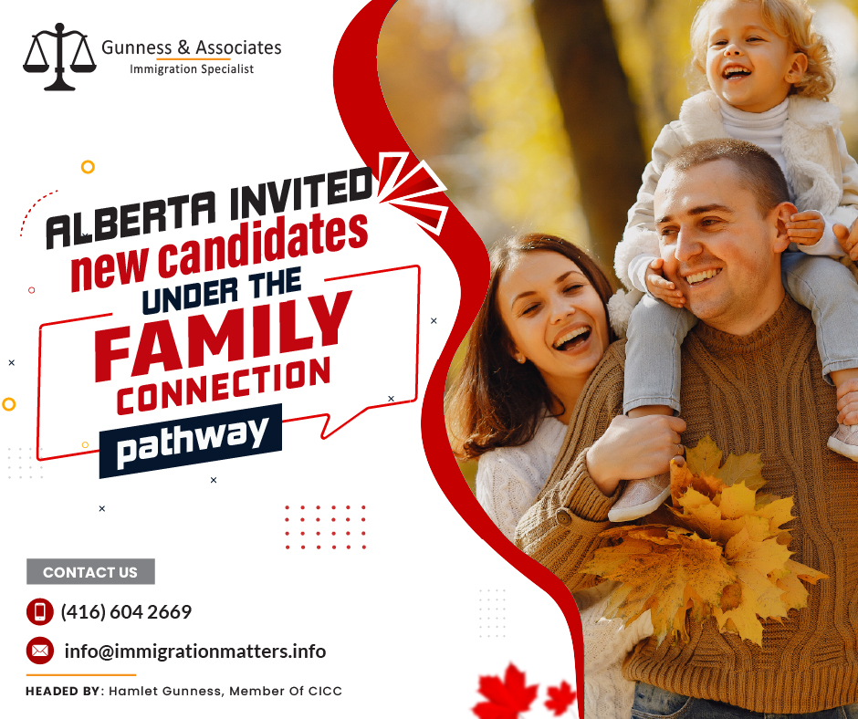 Alberta invited candidates in the Alberta express entry stream and under the Alberta Family connection pathway. On August 29, 2023, the Government of Alberta published the results of the new invitation rounds in the Alberta Express Entry Stream. The province held a new draw under the Alberta Advantage Immigration Program (AAIP). On August 24, 2023, Alberta invited 168 candidates with Alberta job offers in the Family Connection pathway. The minimum score for this draw was 302, 13 points fewer than in the previous draw. As of August 29, 2023, the province invited 2,841 Express Entry candidates to apply for a provincial nomination in the Alberta Express Entry and issued 7,121 nomination certificates.As a candidate, you can work with an immigration specialist. Fill out the form to Get an assessment from an experienced immigration consultant.What is the Alberta Express Entry Stream?A limited number of qualifying applicants may be nominated by Alberta through the Express Entry system of Immigration, Refugees, and Citizenship Canada under the Alberta Express Entry Stream. The Alberta Express Entry System's priorities and methods of selecting applicants are provided as a courtesy and are subject to change at any time. The Alberta Express Entry Stream has to extend invitations to applicants. Depending on the Alberta Express Entry Stream selection factors or pathways under which you received a notification of interest letter or an invitation to apply to the AAIP, the selection, notification, and eligibility requirements may vary. The following priorities will impact whether the AAIP sends letters of notification of interest or invites candidates in 2023:Family connection and primary occupation in demand
Dedicated Healthcare Pathway
Accelerated Tech Pathway
Priority sectors (Agriculture, construction, tourism, and hospitality)
About the Alberta Family Connection pathwayAccording to the Alberta Family Connection pathway, Alberta can select candidates and send them a Notification of Interest letter in their federal Express Entry profile based on the profile information that is currently accessible on the federal Express Entry profile.AAIP will conduct draws for at least 25% of the Alberta Express Entry Stream certificates of nomination available, primarily based on criteria such as the principal applicant having a parent, child, or sibling who resides in Alberta and who is at least 18 years old and a Canadian citizen or permanent resident. The eligibility of family members and relatives is determined by their relationship to the main applicant (the main applicant's in-laws are not eligible). Only connections or relationships that are verifiable and apparent through essential supporting documents with the substantial applicant (parent, child, or sibling) and satisfy the AAIP definition are considered eligible.  Additionally, the supporting Canadian citizen or permanent resident must be at least 18 years old and be a resident of Alberta. The AAIP also maintains the right to request proof of residency and relationship.Join our RSS Feed Want to know more details about “New candidates invited under the Alberta Family Connection pathway” you can contact one of our immigration specialists at  Gunness & Associates.Tel: (416) 604-2669 Email: info@immigrationmatters.infoGunness & Associates has helped thousands of people successfully immigrate to Canada with their families. Our skilled and experienced immigration experts have the expertise to accurately examine your case and advise you on the best method of proceeding to best serve your needs.For honest and straightforward advice, contact the expertsat Gunness & AssociatesGet a free Assessment Join our newsletter and get up-to-date immigration news Click hereAll rights reserved ©2023 Gunness & Associates