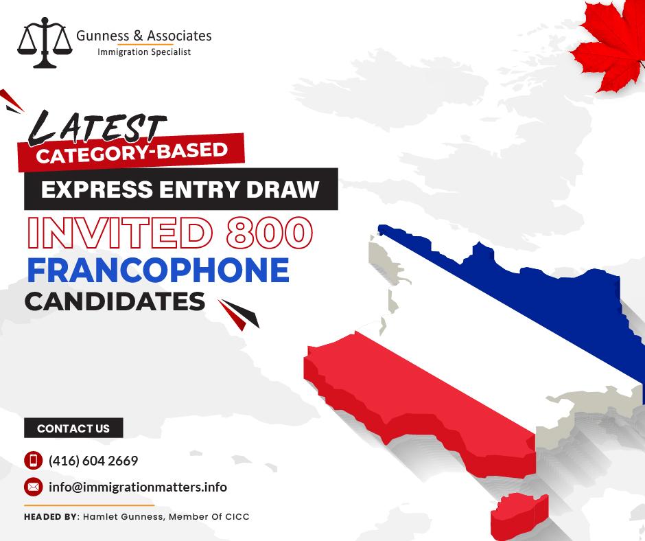 On August 2, 2023, Immigration, Refugees and Citizenship Canada (IRCC) held the Latest category-based Express Entry draw, selecting candidates for French language proficiency. In round #260, IRCC issued 800 Invitations to Apply (ITA) to francophone candidates. The cut-off score of this draw was 435 points, 60 points more than the previous draw for this category. The tie-breaking rule for this round was July 31, 2023, at 09:57:30 UTC. As of August 1, 2023, there were 211,529 profiles registered in the Express Entry pool. This year, Canada issued 71,948 ITAs through the Express Entry draws.Express Entry draws in July 2023Six Express Entry draws were conducted by IRCC in the first two weeks of July 2023. Another category-based draw with a focus on French-speaking candidates was held by the IRCC on July 11 and 12. The cut-off CRS score for the draw was 375, the lowest CRS score required for any Express Entry draw in 2023, and 3,800 people were invited.The IRCC continued to focus on people who speak French. Strong French speakers who applied through Express Entry received 2,300 invitations as of July 7. The required CRS cutoff score for the candidates was 439.On July 6, the second category-based Express entry draw for medical professionals took place. With a cutoff CRS score of 463, 1,500 individuals in total were invited to apply.500 candidates with experience in the areas of science, technology, engineering, and mathematics (STEM) were invited on July 5. A 486 CRS score was specified as the base requirement.Canada launched an Express Entry draw on July 4th and invited 700 applicants. The highest July score of 511 was selected as the minimum requirement for a CRS score.Canada Express Entry Draws 2023About the Category-based Express Entry draws Candidates in the Express Entry pool who are eligible for a certain category defined by the Minister to achieve a specific economic aim are invited in category-based rounds of invites. Candidates are invited to submit an application for permanent residency based on factors including:communication skills in a particular official language
work experience in a specific profession
education
Top applicants who can assist in achieving these particular economic goals are invited to category-based rounds that support general and program-specific rounds.Join our RSS Feed Want to know more details about the “Latest category-based Express Entry draw invited 800 Francophone candidates” you can contact one of our immigration specialists at  Gunness & Associates.Tel: (416) 604-2669 Email: info@immigrationmatters.infoGunness & Associates has helped thousands of people successfully immigrate to Canada with their families. Our skilled and experienced immigration experts have the expertise to accurately examine your case and advise you on the best method of proceeding to best serve your needs.For honest and straightforward advice, contact the expertsat Gunness & AssociatesGet a free Assessment Join our newsletter and get up-to-date immigration news Click hereAll rights reserved ©2023 Gunness & Associates