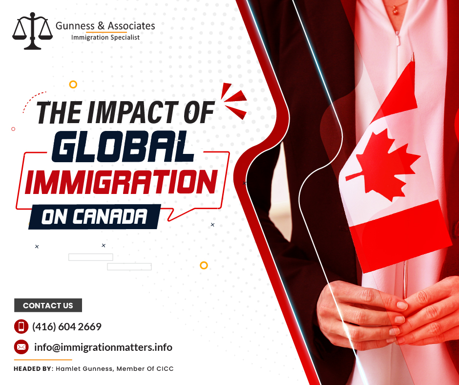 The impact of global immigration on Canada, there has been a notable increase in migration to high-income countries, according to economists. Global North countries, including Canada, have seen a fast rise in their foreign-born population. Canada's population growth rate of 2.7% in 2022 is the highest among the G7 countries and is among the top 20 countries in the world. Canada's population increased by more than one million people, marking the first time in the country's history that the population has increased by such a large number in just 12 months, and it is the highest annual population growth rate recorded since 1957. Most of this growth, 95.9%, can be attributed to international workers moving to Canada. Canada's population could double in just 26 years if this trend continues.Record-high population growth in 2022On January 1, 2023, Canada's population was expected to have increased by a record 1,050,110 people, raising the total to 39,566,248. This is the first year in Canadian history that saw a population increase of over one million, and it also represents the highest annual population growth rate (+2.7%) since 1957 (+3.3%). Due to the large number of births during the post-war baby boom and the large influx of refugees after the Hungarian Revolution in 1956, the population growth rate in 1957 reached a record high.The cause of Canada's record-high population growth in 2022 was considerably different because overseas migration was responsible for nearly all of the rise that was observed (95.9%). As it has been for many years, Canada will continue to have the highest population growth among the G7 nations in 2022.Canada would come in first with a population growth of 2.7% for the year 2022 when compared to country growth rates for 2021 from the Organisation for Economic Co-operation and Development, the most recent data available for all members. Moreover, Canada's population growth rate of 2.7% in 2022 would rank it in the top 20 nations in the world, based on the most recent data available for other nations (as of 2021). Almost all of the African nations have faster population growth rates.Such a rate of population increase would cause the Canadian population to double in around 26 years if it remained steady in the coming years.The impact of Temporary immigration on Canada's growth 437,180 new immigrants were expected to enter Canada in 2022, and there is expected to be a net gain of 607,782 non-permanent residents. Both of these figures reflect greater immigration targets and a year in which Immigration, Refugees, and Citizenship Canada received more immigration applications than ever before, representing the highest levels ever recorded.The projected increases in temporary residents for 2022 are the highest for a single year for which comparable data are available. Additionally, for the first time, these gains exceed those made by immigrants during the same period.The net expected number of non-permanent residents in all provinces and territories increased year over year in 2022, with work and study permits as well as the number of asylum seekers increasing overall. This surge is the result of a number of causes, including the program established to accept individuals fleeing the Russian invasion of Ukraine and the previously indicated intention to use international migration to assist satisfy labor shortages around the nation. Join our RSS Feed Want to know more details about “The impact of global immigration on Canada” you can contact one of our immigration specialists at  Gunness & Associates.Tel: (416) 604-2669 Email: info@immigrationmatters.infoGunness & Associates has helped thousands of people successfully immigrate to Canada with their families. Our skilled and experienced immigration experts have the expertise to accurately examine your case and advise you on the best method of proceeding to best serve your needs.For honest and straightforward advice, contact the expertsat Gunness & AssociatesGet a free Assessment Join our newsletter and get up-to-date immigration news Click hereAll rights reserved ©2023 Gunness & Associates