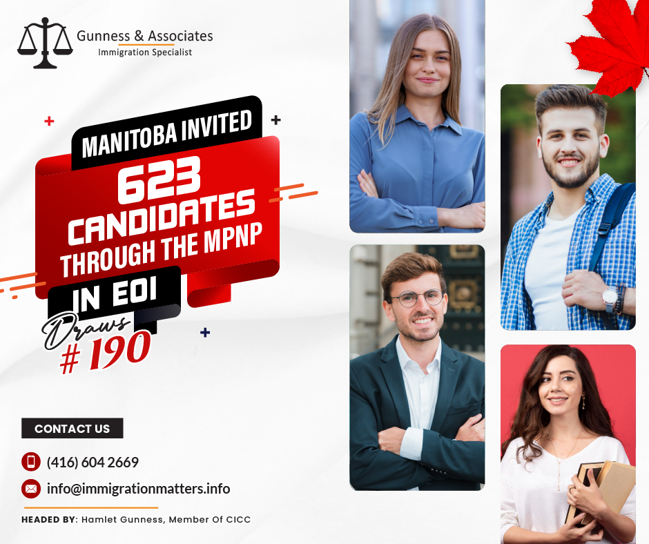 On August 24, 2023, Manitoba held a new invitation round in the Manitoba Provincial Nominee Program (MPNP). In EOI Draw 190, the MPNP held a new occupation-specific candidate selection and issued LAAs to 623 candidates including 178 Express Entry candidates for this round.Details of the EOI Draw 190In EOI Draw 190 MPNP held a new occupation-specific candidate selection under MPNP streams i.e.; Skilled Workers in Manitoba (SWM) stream, Skilled Workers Overseas stream, and International Education Stream. To be eligible for an ITA, invited candidates needed CRS scores between 612 and 724.Skilled Workers in ManitobaIn the Skilled Workers in Manitoba (SWM) stream 256 invited applicants who scored 612 points and above. Manitoba also issued 250 LAAs in the regular SWM draw. The minimum score for the LAA in this category was 646 points, 1 point fewer than the previous draw. Skilled Workers Overseas streamIn the Skilled Workers Overseas stream, MPNP issued 54 LAAs to candidates invited under the Strategic Recruitment Initiative. The lowest score in the SWO category was 724 points, 16 points more than in the previous draw. International Education Stream63 invitations were issued in the International Education Stream. As a candidate, you can work with an immigration specialist. Fill out the form to Get an assessment from an experienced immigration consultant.Occupation-specific candidate selection Profiles declaring current employment in Manitoba in occupations defined as having high labor demands based on Statistics Canada data were taken into consideration. In this draw, occupations from the following National Occupational Classification (NOC) 2021 major groups were considered:73 - General trades
74 - Mail and message distribution, other transport equipment operators, and related maintenance workers
75 - Helpers and laborers and other transport drivers, operators, and laborersIn 2023, MPNP invited 10,301 candidates, and 2,687 of them received invitations in the Express Entry. The Manitoba Provincial Nominee Program (MPNP) is continuing to execute invitation rounds with higher ITAs and lower CRS scores in this EOI Draw 190. The Manitoba PNP's back-to-back draws clearly show that the government seeks to increase the number of candidates eligible for a provincial nomination under its MPNP-managed streams.What is the EOI draw in Manitoba?The Manitoba Provincial Nominee Program (MPNP) conducts regular draws through its Expression of Interest (EOI) system to invite individuals in the EOI pool to apply to the MPNP in full. The Expression of Interest (EOI) ranking system applies to the Skilled Worker and International Education Stream pathways. The Business Investor Streams also have their own process for submitting an EOI. Submitting an EOI is the initial step toward obtaining permanent residency in Manitoba through the Manitoba Provincial Nominee Program (MPNP).An EOI is not a formal application instead, it's an online profile. Anyone interested in applying to the MPNP must first submit an Expression of Interest (EOI). Candidates answer a series of questions online and are assigned EOI ranking points based on their answers. Your profile is then added to a pool of all qualified candidates. On a regular basis, the MPNP invites the highest-scoring applicants in the pool to submit an official application to the MPNP.Join our RSS Feed Want to know more details about “Manitoba invited 623 candidates through the MPNP in EOI Draw 190” you can contact one of our immigration specialists at  Gunness & Associates.Tel: (416) 604-2669 Email: info@immigrationmatters.infoGunness & Associates has helped thousands of people successfully immigrate to Canada with their families. Our skilled and experienced immigration experts have the expertise to accurately examine your case and advise you on the best method of proceeding to best serve your needs.For honest and straightforward advice, contact the expertsat Gunness & AssociatesGet a free Assessment Join our newsletter and get up-to-date immigration news Click hereAll rights reserved ©2023 Gunness & Associates