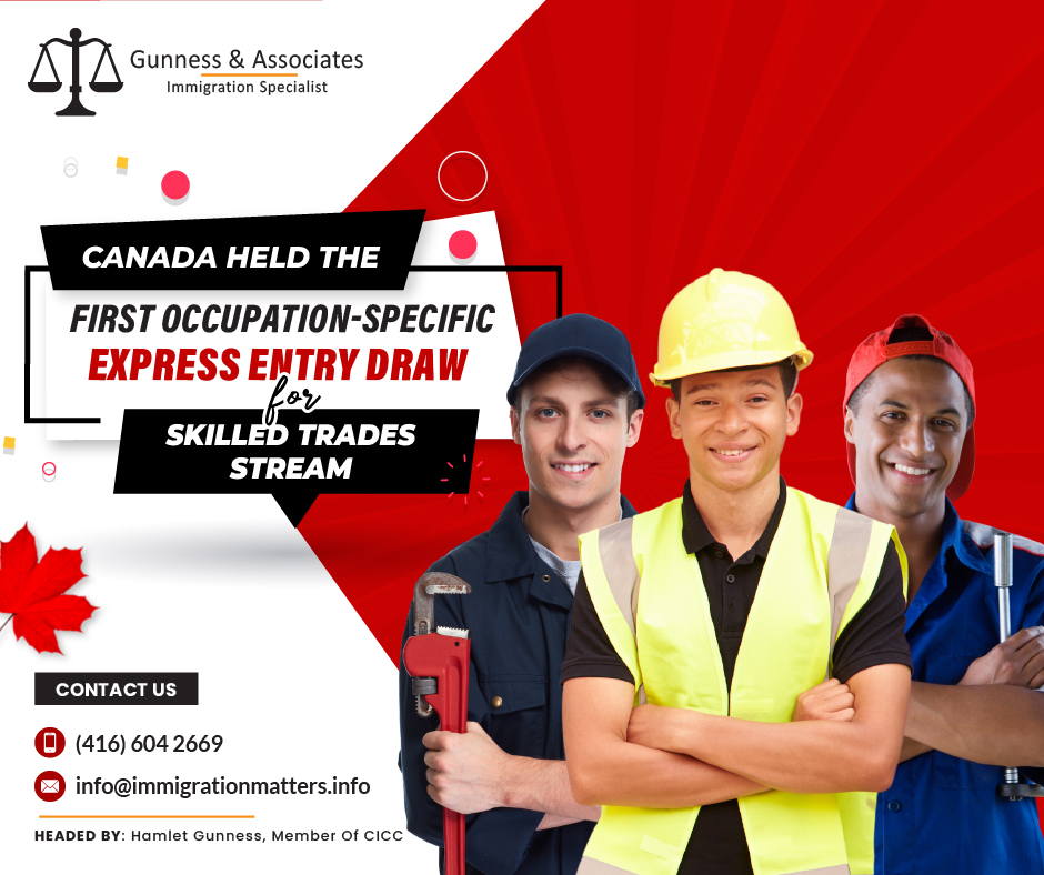 On August 3, 2023, Immigration, Refugees and Citizenship Canada (IRCC) held the first occupation-specific skilled trades Express Entry draw and issued 1,500 Invitations to Apply (ITA) to candidates working in one of the skilled trades occupations. In round #261, the cut-off score was 388 points. The tie-breaking rule for this round was June 7, 2023, at 07:03:08 UTC. As of August 1, 2023, there were 211,529 profiles registered in the Express Entry pool. This year, Canada issued 73,448 ITAs through the Express Entry draws.Occupations targeted In Skilled Trades Express Entry Draw Occupations targeted in the first occupation-specific skilled trades Express Entry draw are listed in the table below with their respective NOC codes and TEER categoryOccupation NOC code TEER categoryResidential and commercial installers and servicers732003Elevator constructors and mechanics724062Machine fitters724052Heating, refrigeration, and air conditioning mechanics724022Construction millwrights and industrial mechanics724002Carpenters723102Plumbers723002Electricians (except industrial and power systems)722002Welders and related machine operators721062Contractors and supervisors, other construction trades, installers, repairers, and services720142Express Entry Draws 2023How Can I Apply for Express Entry? The Canadian government uses a system called Express Entry to handle applications for permanent residence. The CRS, a point-based system, is used by Express Entry to rank candidate profiles. It takes two steps to submit an Express Entry application. The initial step is to submit your profile along with the required documentation. Results of language tests, academic credentials, passports, or different types of travel documents are typically required.You can submit your whole application for the IRCC to review after submitting a profile and being invited to apply for Canadian permanent residency. Added proof of identity, letters of recommendation, police clearance records, and the results of a medical exam should all be included in your complete application.Are you interested in your options for entering the Express Entry pool? Fill out this form to get a free assessment. Join our RSS Feed Want to know more details about “Canada held the first occupation-specific Express Entry draw for skilled trades candidates” you can contact one of our immigration specialists at  Gunness & Associates.Tel: (416) 604-2669 Email: info@immigrationmatters.infoGunness & Associates has helped thousands of people successfully immigrate to Canada with their families. Our skilled and experienced immigration experts have the expertise to accurately examine your case and advise you on the best method of proceeding to best serve your needs.For honest and straightforward advice, contact the expertsat Gunness & AssociatesGet a free Assessment Join our newsletter and get up-to-date immigration news Click hereAll rights reserved ©2023 Gunness & Associates