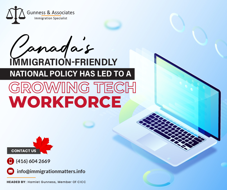 Over 32,000 new tech workers came to Canada in the past year according to the Technology Councils of North America (TECNA) and Canada’s Tech Network (CTN) has released a report on the migration of tech workers and jobs in Canada. The report found that Between April 2022 and March 2023 over 32,000 new tech workers came to Canada in the past year, mainly from India and Nigeria. Mississauga, Montreal, and Waterloo were the top cities for tech talent, with Ontario having the most tech workers. According to the report, smaller provinces like Saskatchewan Newfoundland, and Labrador are seeing rapid growth, with Windsor having the highest increase in tech workers.According to a recent report from The Technology Councils of North America (TECNA) and Canada's Tech Network (CTN), India accounted for the greatest cohort of global tech industry workers who migrated to Canada between April 2022 and March 2023.According to the survey, 15,097 of the more than 32,000 tech professionals came from India, followed by 1,808 from Nigeria, due in part to Canada's immigration-friendly national policy and labor cost advantage.Mississauga, home to roughly 1,000 IT companies and over 300,000 IT employees, and Montreal, where tech ecosystems grew by around 31% between 2015 and 2020, were among the top Canadian destinations to attract talent.As a tech professional make your Canadian immigration dream true with the help of Gunness & AssociatesIRCC will modernize the International Student ProgramCanada's new Tech Talent StrategyOn June 27, 2023, Sean Fraser, Minister of Immigration, Refugees and Citizenship Canada (IRCC), launched Canada's first-ever Tech Talent Strategy at Collision 2023. The strategy aims to help businesses in Canada compete by attracting highly skilled workers in in-demand occupations and promoting Canada as a destination for digital nomads. The strategy includes: creating an open work permit stream for H-1B visa holders, 
Expanding the Innovation Stream under the International Mobility Program, 
improving the Start-up Visa Program, and increasing spots for applicants 
a return to the Global Skills Strategy's 14-day service requirement for work permits, 
promoting Canada as a place for digital nomads to live, 
The establishment of a STEM-specific draw as part of category-based selection to send out more invitations to apply through the Express Entry programThe government will prioritize applications supported by venture capital, angel investor groups, and business incubators. The goal is to attract the skills and business talent needed to create jobs for the future. Canada’s new tech talent Strategy complete update. Join our RSS Feed Want to know more details about “Over 32,000 new tech workers came to Canada” you can contact one of our immigration specialists at  Gunness & Associates.Tel: (416) 604-2669 Email: info@immigrationmatters.infoGunness & Associates has helped thousands of people successfully immigrate to Canada with their families. Our skilled and experienced immigration experts have the expertise to accurately examine your case and advise you on the best method of proceeding to best serve your needs.For honest and straightforward advice, contact the expertsat Gunness & AssociatesGet a free Assessment Join our newsletter and get up-to-date immigration news Click hereAll rights reserved ©2023 Gunness & Associates