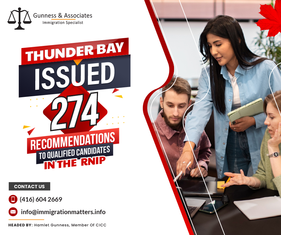 On May 9, 2023, Thunder Bay ON, issued new community recommendations in the Rural and Northern Immigration Pilot (RNIP). The city approved the applications of 274 candidates whose evaluations scored as low as 49%. Last year, the community recommended a total of 377 candidates. The Thunder Bay CEDC will prioritize applicants for the recommendation who are most likely to settle and contribute to the local economy. Candidates who received a community recommendation can submit their applications for permanent residence in Canada to Immigration Canada (IRCC). In 2023, the city recommended 504 applications.Thunder Bay ON Community Economic Development CommissionThe Thunder Bay Community Economic Development Commission is the city's primary economic development organization and a local growth champion. CEDC promotes Thunder Bay as the best small city in Canada to live, work, do business, and visit by using local knowledge and skills.CEDC is led by an independent board and is driven by community needs. Its business development staff and industry specialists operate rapidly to capitalize on new opportunities to attract visitors, new talent, jobs, business development, and investment to Thunder Bay.Rural and Northern Immigration Pilot boosted the local economy of Thunder BaySudbury considered 54 new applications under the RNIPWhat is a Rural and Northern Immigration Pilot (RNIP)?The Rural and Northern Immigration Pilot is an initiative driven by the local communities. By offering a path to permanent residency for highly talented foreign workers who wish to live and work in one of the participating communities, it aims to expand the benefits of economic immigration to smaller communities.Additionally, each community will have its ownAdditional criteria for being eligible
process for applying for jobs, 
community recommendations application process
Participating communities in RNIP are:
North Bay, ON
Sudbury, ON
Timmins, ON
Sault Ste. Marie, ON
Thunder Bay, ON
Brandon, MB
Altona/Rhineland, MB
Moose Jaw, SK
Claresholm, AB
Vernon, BC
West Kootenay (Trail, Castlegar, Rossland, Nelson), BCJoin our RSS Feed Want to know more details about “Over 32,000 new tech workers came to Canada” you can contact one of our immigration specialists at  Gunness & Associates.Tel: (416) 604-2669 Email: info@immigrationmatters.infoGunness & Associates has helped thousands of people successfully immigrate to Canada with their families. Our skilled and experienced immigration experts have the expertise to accurately examine your case and advise you on the best method of proceeding to best serve your needs.For honest and straightforward advice, contact the expertsat Gunness & AssociatesGet a free Assessment Join our newsletter and get up-to-date immigration news Click hereAll rights reserved ©2023 Gunness & Associates