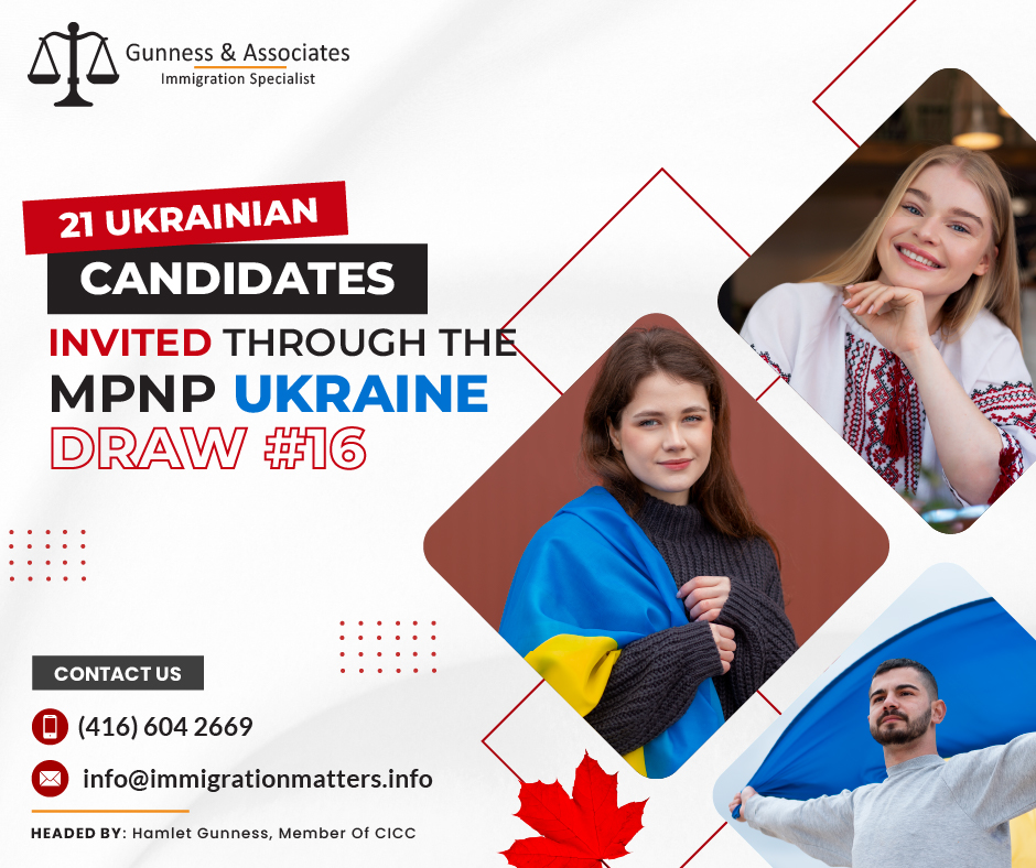 On July 28, 2023, the Government of Manitoba held the MPNP Ukraine Draw #16 for Ukrainian candidates. The province invited 21 candidates through the Manitoba Provincial Nominee Program (MPNP) in this draw. Eligibility Requirements in MPNP Ukraine Draw #16To be eligible in the 16th MPNP Ukraine draw, applicants must be: Ukrainian citizens, 
have a minimum of CLB 4 in each language band, 
have connections to the province (close relatives, community ties, previous employment, or studies in Manitoba), and 
score at least 60 points in the EOI registration points grid, and 
possess a valid language test in one of the official languages. In total, the province invited 8,454 candidates in 2023, including 195 Ukrainian nationals.Manitoba PNP Draws 2023About the Manitoba PNPThe Provincial Nominee Program (PNP) known as the Manitoba Provincial Nominee Program (MPNP) is a system of immigration routes that enables foreign nationals to become citizens of Canada. The PNP is intentionally designed to draw immigrants to the province in areas like skilled workers, employees in industries where there is a shortage of workforce, recent graduates, and agricultural entrepreneurs.Four categories constitute the province's various immigration streams:Skilled Workers in Manitoba (SWM)
Skilled Workers Overseas (SWO)
International Education Stream (IES)
Business Investor Stream (BIS)Join our RSS Feed Want to know more details about “21 Ukrainian candidates invited through the MPNP Ukraine Draw #16” you can contact one of our immigration specialists at  Gunness & Associates.Tel: (416) 604-2669 Email: info@immigrationmatters.infoGunness & Associates has helped thousands of people successfully immigrate to Canada with their families. Our skilled and experienced immigration experts have the expertise to accurately examine your case and advise you on the best method of proceeding to best serve your needs.For honest and straightforward advice, contact the expertsat Gunness & AssociatesGet a free Assessment Join our newsletter and get up-to-date immigration news Click hereAll rights reserved ©2023 Gunness & Associates