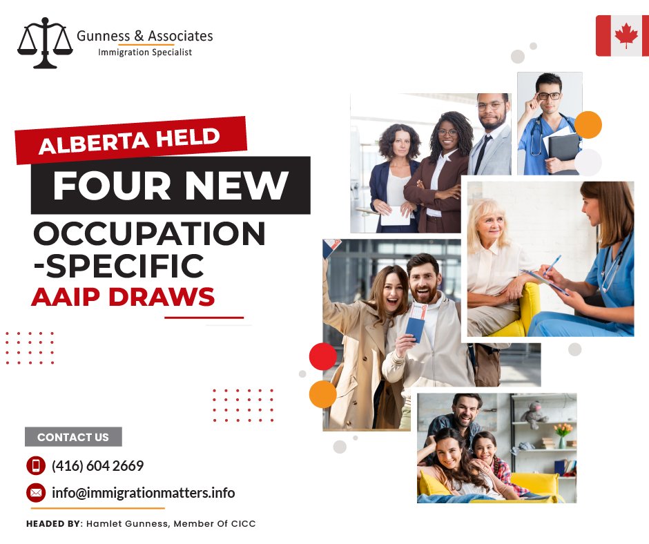 On September 27, 2023, the Government of Alberta published the results of the new occupation-specific AAIP draws in the Alberta Express Entry Stream. On September 12, 2023, the province held two draws under the Alberta Advantage Immigration Program (AAIP) and invited 300 and 16 candidates for Tourism Hospitality, and healthcare workers, respectively. On September 14, the province issued 142 invitations under the Family Connection pathway, and on September 26, 2023, the AAIP invited 18 candidates under the Dedicated Healthcare Pathway. As of September 27, 2023, the province invited 3,335 Express Entry candidates to apply for a provincial nomination in the Alberta Express Entry and issued 7,968 nomination certificates.About the Alberta Express Entry Stream The Alberta Express Entry Stream allows Alberta to nominate a limited number of qualifying candidates from Immigration, Refugees, and Citizenship Canada's Express Entry system. Priorities and approaches to candidate selection in the Alberta Express Entry System are shared as a courtesy and are subject to change without notice.Those interested in the Alberta Express Entry Stream must be asked to apply. You cannot apply for a nomination in this stream unless you have been invited to apply.How candidates are selected in the Alberta Express Entry Stream?  Candidates may be sent a Notification of Interest (NOI) letter or invited to submit an application if they have:Experience in a high-demand occupation and an immediate family connection in Alberta are also required.
a job offer in the healthcare sector from an Alberta business license to practice in one of the authorized healthcare professions under the Designated Healthcare Pathway; expedited processing is possible.
Under the Accelerated Tech Pathway, a job offer for an eligible tech occupation from an Alberta employer in an eligible tech industry is required; an initial Accelerated Tech Pathway web form is required as a first step, and faster processing applies.
Experience is needed to meet labor needs in important sectors such as agriculture, construction, tourism, and hospitality.Join our RSS Feed Want to know more details about “Alberta held four new occupation-specific AAIP draws” you can contact one of our immigration specialists at  Gunness & Associates.Tel: (416) 604-2669 Email: info@immigrationmatters.infoGunness & Associates has helped thousands of people successfully immigrate to Canada with their families. Our skilled and experienced immigration experts have the expertise to accurately examine your case and advise you on the best method of proceeding to best serve your needs.For honest and straightforward advice, contact the expertsat Gunness & AssociatesGet a free AssessmentJoin our newsletter and get up-to-date immigration news Click hereAll rights reserved ©2023 Gunness & Associates