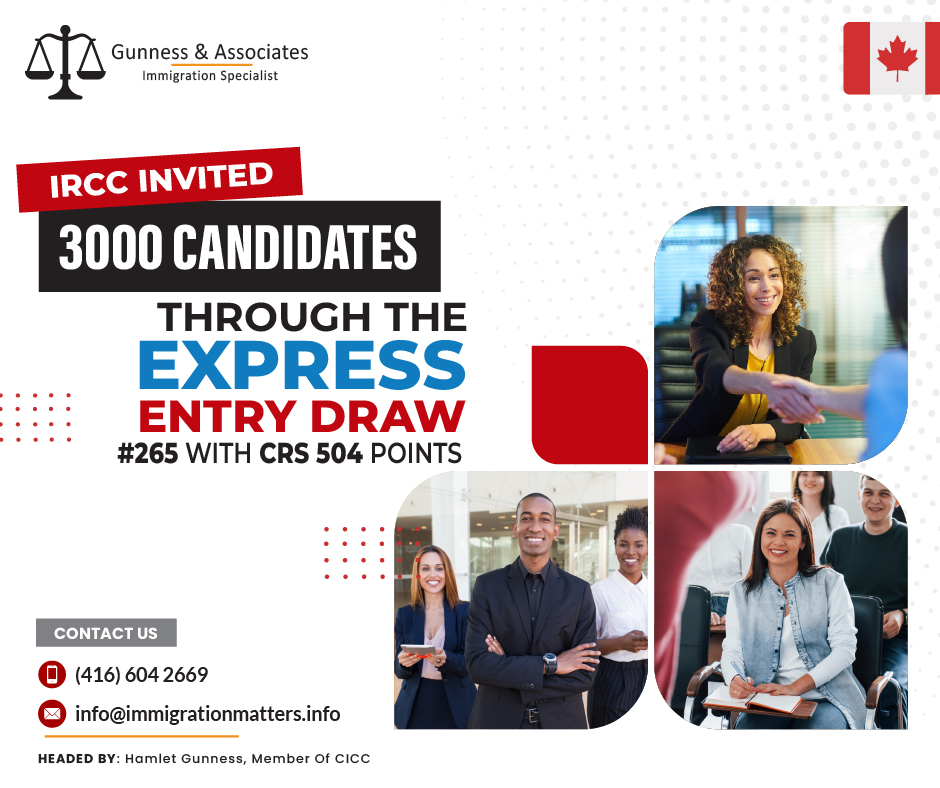 On September 26, 2023, IRCC issued 3,000 Invitations to Apply (ITA) to candidates under the Express Entry draw #265. In this draw, IRCC invited candidates under all immigration programs. Details of Express Entry draw 265IRCC invited 3,000 candidates through the Express Entry draw 265 on September 26, 2023. In the latest round of invitations, the cut-off score was 504 points, 27 points fewer than in the previous all-program draw. The tie-breaking rule for this round was September 11, 2023, at 20:24:18 UTC.As a candidate, you can work with an immigration specialist. Fill out the form to Get an assessment from an experienced and licensed immigration consultant.As of September 26, 2023, there are 214,000 profiles registered in the Express Entry pool. In 2023, Canada issued 84,948 ITAs through the Express Entry draws.Summary of Express Entry Draws in 2023 till JuneIn the table below, there’s an overview of the Express Entry draws since June 2023.DateDraw TypeNumber of ITAsMinimum CRSSept 26All-program3,000504Sept 20Transport occupations1,000435Sept 19All-program3,200531Aug 15All-program4,300496Aug 03Trade occupations1,500388Aug 02French language proficiency800435Aug 01All-program2,000517July 12French language proficiency3,800375July 11All-program800505July 07French language proficiency2,300439July 06Healthcare occupations1500463July 05STEM occupations500486July 04All-program700511June 28Healthcare occupations500476June 27All-program4,300486June 08All-program4,800486How long does it take to process Express Entry Applications?The latest express entry processing times as of August are listed in the table below:Application TypeCurrentProcessing TimeChange FromLast WeekCanadian Experience Class (CEC)5 monthsNo ChangeFederal Skilled Worker Program (FSWP)5 monthsNo ChangeFederal Skilled Trades Program (FSTP)(not updatedby IRCC since March 1 asthere could be no applicationin processing for FSTP as of nowNo ChangeProvincial Nominee Program (PNP) via Express Entry9 monthsNo ChangeHow to immigrate through Express Entry?Express Entry is an online system for managing immigration applications from skilled workers to Canada. Through Express Entry, three immigration programs are managed: Canadian Experience Class: For skilled workers with Canadian work experience, work experience must have been gained during the three years preceding your application.
Federal Skilled Worker Program: For skilled individuals with international work experience, education, and other criteria must be met.
Federal Skilled Trades Program: for skilled individuals who have a valid employment offer or a certificate of qualification in a skilled trade.Join our RSS Feed Want to know more details about “IRCC invited 3,000 candidates through the Express Entry draw 265” you can contact one of our immigration specialists at  Gunness & Associates.Tel: (416) 604-2669 Email: info@immigrationmatters.infoGunness & Associates has helped thousands of people successfully immigrate to Canada with their families. Our skilled and experienced immigration experts have the expertise to accurately examine your case and advise you on the best method of proceeding to best serve your needs.For honest and straightforward advice, contact the expertsat Gunness & AssociatesGet a free AssessmentJoin our newsletter and get up-to-date immigration news Click hereAll rights reserved ©2023 Gunness & Associates