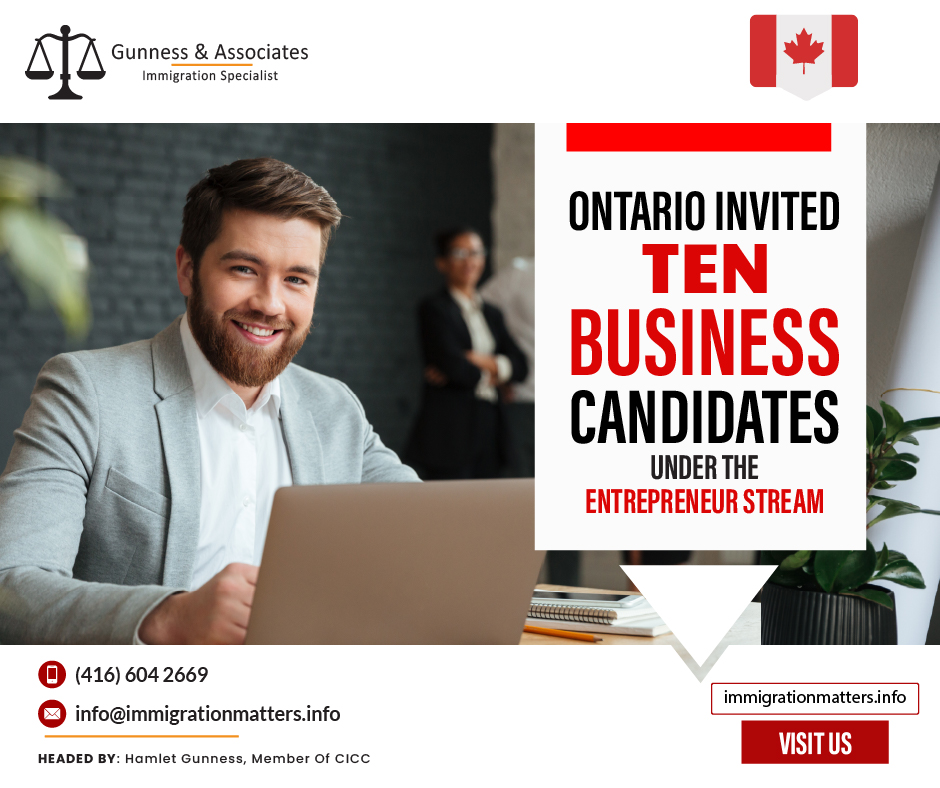 Under the OINP Entrepreneur Stream, 10 business candidates were invited on September 25, 2023, as the Ontario Immigration Nominee Program (OINP) released the new draw results. It was the fifth draw for business candidates of the year. In this draw, the province issued 10 Invitations to Apply (ITAs) to business candidates. This round's Comprehensive Ranking System (CRS) score was between 136 and 163.The OINP noted that those whose Expressions of Interest were scored by September 20, 2023, were eligible for this draw. As a candidate, you can work with an immigration specialist. Fill out the form to Get an assessment from an experienced and licensed immigration consultant.This year, Ontario invited 33,000 candidates under all streams of the OINP, including 58 entrepreneurs.About the OINP Entrepreneur StreamIf you have a business idea or are in a position to buy a successful business in Ontario, the OINP Entrepreneur Stream of the Ontario Immigrant Nominee Program (OINP) may be the right Canadian immigration option for you. The Ontario Immigrant Nominee Program (OINP) has an immigration path called the Entrepreneur path. It is regulated by the Ontario Immigration Act, 2015, and its accompanying rules. To be authorized, your application must follow the process and meet the conditions outlined in the regulations.Ontario invited 537 master's Graduates and Ph.D. Graduate streams candidatesWhat are the OINP Expression of interest system streams? The Ontario Immigrant Nominee Program (OINP) oversees applications for the following streams using an expression of interest system:Employer Job Offer: Foreign Worker stream
Employer Job Offer: International Student Stream
Employer Job Offer: In-Demand Skills Stream
Masters Graduate stream
PhD Graduate stream
Entrepreneur streamJoin our RSS Feed Want to know more details about “Ontario invited 10 business candidates under the Entrepreneur Stream” you can contact one of our immigration specialists at  Gunness & Associates.Tel: (416) 604-2669 Email: info@immigrationmatters.infoGunness & Associates has helped thousands of people successfully immigrate to Canada with their families. Our skilled and experienced immigration experts have the expertise to accurately examine your case and advise you on the best method of proceeding to best serve your needs.For honest and straightforward advice, contact the expertsat Gunness & AssociatesGet a free AssessmentJoin our newsletter and get up-to-date immigration news Click hereAll rights reserved ©2023 Gunness & Associates