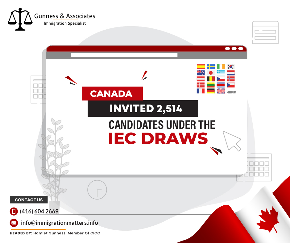 Over the last two weeks, Immigration, Refugees and Citizenship Canada (IRCC) held the new IEC draws. From September 16 to September 29, Canada invited 2,514 young foreigners to apply for an IEC open work permit. As of September 29, 30,757 candidates registered in the pool, awaiting the invitation. In 2023, Canada issued 121,616 ITAs under the IEC Program.Overview of candidates invited to the new IEC DrawIn the New IEC draw 2,514 ITAs were sent out to young foreigners. The details of each country-wise invited candidate are in the table below:No of ITAsCountry NameNo of ITAsCountry Name3Switzerland184 Australia96 Japan251 Korea3 Croatia9 Costa Rica121 Spain43 Czech Republic12 Denmark5Estonia147 France16 Greece1 Hong Kong119 Ireland102 Italy2 Slovakia47 Chile37 Poland145 Germany591 United Kingdom3 Luxembourg11 Belgium50 Netherlands93 New Zealand14 Norway319 Taiwan62 Portugal24 Sweden4 SloveniaWhat is the International Experience Canada (IEC) Program?A program called International Experience Canada (IEC) enables young people to work and travel for up to two years in Canada due to reciprocal agreements with other countries. More than 38 countries and territories have bilateral youth mobility agreements with Canada.International Experience Canada (IEC) offers three categoriesWorking Holiday: This program, which enables people to work for any employer in Canada, is a great option for those who want to make money while traveling the country.Young professionals: This program is intended for those who want to advance their professional development. It provides the chance to obtain priceless experience working abroad in your profession or area of study.International Co-op (Internship): This program, which is specifically intended for students, enables applicants to get useful experience working abroad in an area that is connected to their field of study.What are the eligibility requirements for IEC candidates in 2023? IEC Candidates in 2023 wishing to apply for the IEC must:Be a citizen or passport holder of one of the 36 partner countries with which Canada has Youth Mobility Agreements
They must have a valid passport for the duration of their visit to Canada
At the time of application, the applicant must be between the ages of 18-29, 18-30, or 18-35 (all-inclusive, depending on nationality)
When you arrive in Canada, you should have the equivalent of $2,500 CAD
They must be able to obtain health insurance for the duration of their stay
Be admitted to Canada;
Have a round-trip ticket or the financial means to acquire a departure ticket at the end of their authorized stay in Canada (before departure);
You must not be accompanied by dependents, and 
you must pay the appropriate fees.Join our RSS Feed Want to know more details about “Canada invited 2,514 candidates under the new IEC Draw” you can contact one of our immigration specialists at  Gunness & Associates.Tel: (416) 604-2669 Email: info@immigrationmatters.infoGunness & Associates has helped thousands of people successfully immigrate to Canada with their families. Our skilled and experienced immigration experts have the expertise to accurately examine your case and advise you on the best method of proceeding to best serve your needs.For honest and straightforward advice, contact the expertsat Gunness & AssociatesGet a free AssessmentJoin our newsletter and get up-to-date immigration news Click hereAll rights reserved ©2023 Gunness & Associates