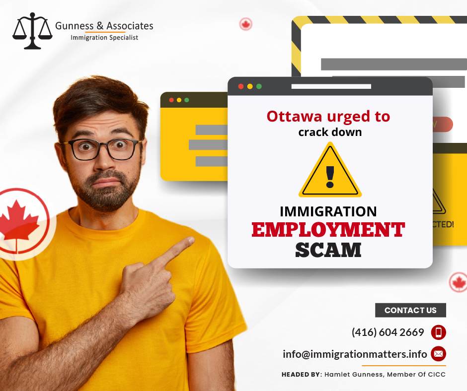 The Federal Government works to prevent employers from immigration employment scams and from charging fees to temporary foreign workers under the Temporary Foreign Worker Program (TFWP). However, some workers are still being exploited and made to pay large sums to secure jobs in Canada. Immigrants pay to get a Canadian employer to apply for a Labour Market Impact Assessment (LMIA), which is needed for a work permit. Scams involving LMIA fraud are known, but the Government has taken steps to guard employees against them. Some foreign workers pay to stay in Canada and get semi-skilled LMIA jobs to settle in the country. The TFWP has led to profiteering by unscrupulous employers and immigration consultants. Last year, the Federal Government changed regulations to ensure temporary foreign workers are not charged for their recruitment.Details of the immigration employment scam Ottawa is being urged to crack down on an immigration scam in which people looking for work in Canada are forced to pay tens of thousands of dollars to potential employers - as well as a charge to immigration experts – in order to obtain work.Last year, the federal Immigration Department updated procedures to try to prevent firms from charging people money to work in Canada through the Temporary Foreign Worker Program, which is designed to replace occupations where no Canadians or permanent residents are available.However, immigration experts claim that, despite Immigration, Refugees, and Citizenship Canada's crackdown, some temporary foreign workers are still being exploited and forced to pay large sums to acquire a job in Canada.The Globe and Mail spoke with immigration consultants, attorneys, and immigrants who are concerned about a scam in which would-be immigrants pay a Canadian business to apply for a Labour Market Impact Assessment (LMIA), a document indicating the necessity for a temporary foreign worker. The worker can apply for a work permit after his or her company obtains the LMIA from Employment and Social Development Canada (ESDC).The Immigration Department informed The Globe and Mail that it was aware of LMIA fraud scams, but that it had taken efforts last year to protect against them through regulatory reforms."Sectors identified as high risk for LMIA fraud receive an enhanced assessment to validate the employer's business operations and the human resource needs," the IRCC stated in a statement.What is a Labour Market Impact Assessment (LMIA)?Before hiring a foreign worker, a Canadian business may be required to get a Labour Market Impact Assessment (LMIA). A positive LMIA will demonstrate that a foreign worker is required to fill the position. Additionally, it will demonstrate that no Canadian citizen or permanent resident is qualified for the position. A confirmation letter is another name for a positive LMIA. LMIAs are used to fill a wide range of openings, including unskilled occupations in the catering, hotel, and retail industries, as well as semi-skilled and skilled positions.The worker can submit a work permit application after the employer receives the LMIA.Applicants for work permits must meet the following requirements:a job offer letter, 
a contract, 
a copy of the LMIA, and 
the LMIA numberJoin our RSS Feed Want to know more details about “Ottawa urged to crack down on immigration employment scam” you can contact one of our immigration specialists at  Gunness & Associates.Tel: (416) 604-2669 Email: info@immigrationmatters.infoGunness & Associates has helped thousands of people successfully immigrate to Canada with their families. Our skilled and experienced immigration experts have the expertise to accurately examine your case and advise you on the best method of proceeding to best serve your needs.For honest and straightforward advice, contact the expertsat Gunness & AssociatesGet a free AssessmentJoin our newsletter and get up-to-date immigration news Click hereAll rights reserved ©2023 Gunness & Associates