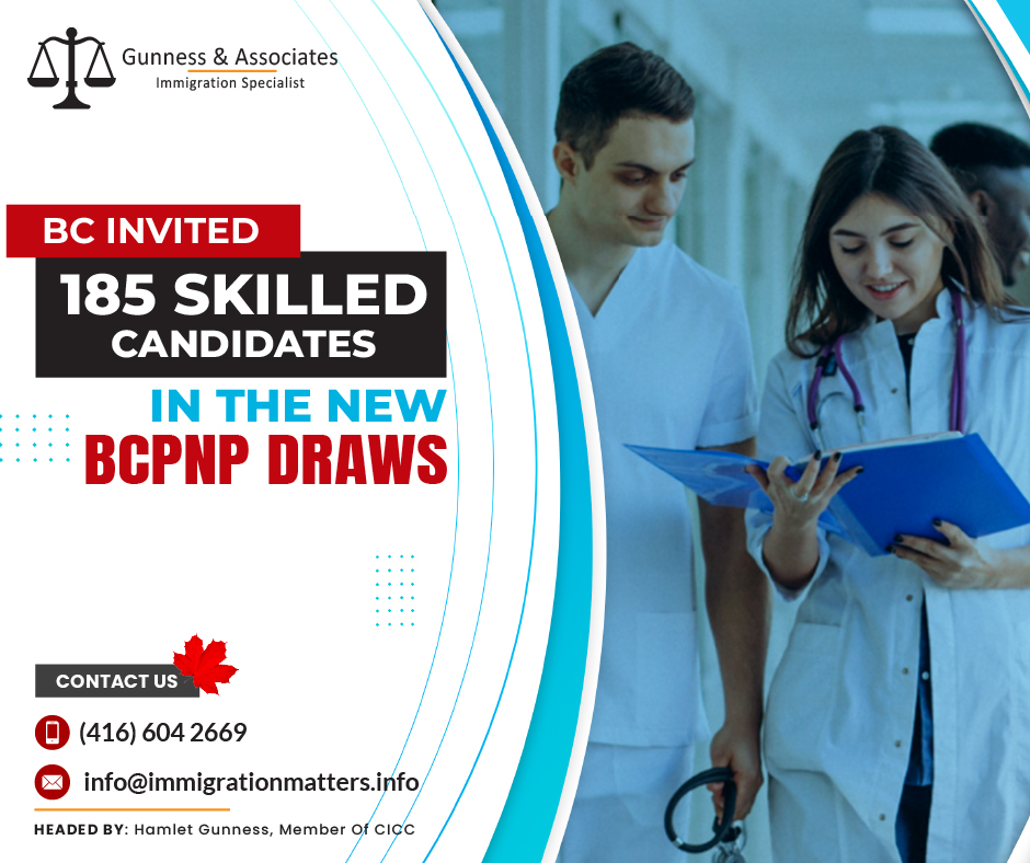 On November 28, 2023, the Government of BC held new invitation draws under the British Columbia Provincial Nominee Program (BC PNP) and issued invitations to apply to qualified candidates in healthcare, childcare, construction, and other priority occupations. In the general draw, the province invited 80 candidates. The minimum score for candidates invited to this draw was 94-116 points. Furthermore, BC issued 49 ITAs to candidates under the childcare-targeted draw for early childhood educators (NOC 42202). In the Healthcare-targeted draw, BC British Columbia invited 29 candidates who scored 60 points. In addition, the province invited 27 candidates working in the construction sector. In total, British Columbia issued 185 ITAs in this draw. This year, British Columbia has already invited 9,525 candidates.Eligibility Requirements for Construction WorkersThe following requirements must be fulfilled by construction workers in order to receive targeted invitations to apply: An employment offer for a full-time, indeterminate position in one of the top construction occupations is required.
You need to be in possession of a current trade certificate from SkilledTradesBC or be enrolled in training.
The trade certificate you possess must correspond to the job offer you received.
Construction occupations in priority
22114 Landscape and horticulture technicians and specialists 
72102 Sheet metal workers
72103 Boilermakers
72104 Structural metal and platework fabricators and fitters
72105 Ironworkers
72106 Welders and related machine operators
72200 Electricians (except industrial and power system)
72201 Industrial electricians
72300 Plumbers
72301 Steamfitters, pipefitters, and sprinkler system installers
72302 Gas fitters
72310 Carpenters
72311 Cabinetmakers
72320 Bricklayers
72400 Construction millwrights and industrial mechanics
72401 Heavy-duty equipment mechanics
72402 Heating, refrigeration, and air conditioning mechanics
72500 Crane operators
73100 Concrete finishers
73101 Tilesetters
73102 Plasterers, drywall installers finishers, and lathers
73110 Roofers and Shinglers
73111 Glaziers
73112 Painters and decorators (except interior decorators)
73113 Floor covering installersThe occupations listed above are not the only ones that are eligible for the BC PNP.  Priority occupations may receive a targeted invitation after registering.Join our RSS Feed Want to know more details about the “BC invited 185 skilled candidates in the new BC PNP draws” you can contact one of our immigration specialists at  Gunness & Associates.Tel: (416) 604-2669 Email: info@immigrationmatters.infoGunness & Associates has helped thousands of people successfully immigrate to Canada with their families. Our skilled and experienced immigration experts have the expertise to accurately examine your case and advise you on the best method of proceeding to best serve your needs.For honest and straightforward advice, contact the expertsat Gunness & AssociatesGet a free Assessment Join our newsletter and get up-to-date immigration news Click hereAll rights reserved ©2023 Gunness & Associates