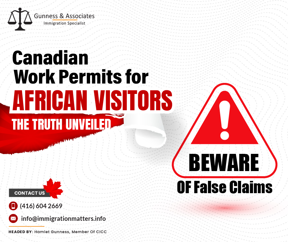 Canada is known for its welcoming approach to immigrants and visitors alike, but it's crucial to be wary of misinformation circulating, especially when it comes to obtaining work permits. There have been rumors suggesting that African individuals can secure a Canada work permit while on a Visitor visa, but it's essential to debunk this misconception and understand the legitimate process for obtaining a work permit.
Dispelling the Myth:
Job Offer Requirement: One of the primary falsehoods is the claim that individuals can acquire a work permit without a valid job offer. In reality, a legitimate job offer from a Canadian employer is a crucial requirement for obtaining a work permit.
Labour Market Impact Assessment (LMIA) Necessity: A key aspect of a valid job offer is the requirement for the employer to possess a valid Labour Market Impact Assessment (LMIA). An LMIA is a document that demonstrates there is a need for a foreign worker to fill the job, as it couldn't be filled by a Canadian citizen or permanent resident.
No Need to be in Canada for a Valid LMIA Job Offer: Contrary to the misleading information, individuals do not need to be physically present in Canada to secure a valid job offer with an LMIA. The process involves the Canadian employer obtaining the LMIA, which can be done while the potential employee is still in their home country.
Applying for Work Permit from Outside Canada: Once a valid job offer with an LMIA is secured, the next step is to apply for a work permit from outside Canada. It's crucial to follow the proper application process and submit all required documents to the immigration authorities.
Beware of Scams: Misinformation can lead to individuals falling victim to scams. It's important to be cautious of offers or services that claim to provide work permits without a valid job offer or the necessary documentation.
In conclusion, it is imperative to dispel the false claims circulating about obtaining Canada work permits for African visitors. The legitimate process involves securing a valid job offer from a Canadian employer with a valid LMIA, and individuals do not need to be physically present in Canada to achieve this. Being aware of the correct procedures can help individuals avoid potential scams and make informed decisions about their immigration plans. Always rely on official sources and consult with immigration experts for accurate information on obtaining work permits in Canada.Join our RSS FeedWant to know more details about the “Beware of False Claims: Canadian Work Permits for African Visitors – The Truth Unveiled” you can contact one of our immigration specialists at  Gunness & Associates.Tel: (416) 604-2669
Email: info@immigrationmatters.infoGunness & Associates has helped thousands of people successfully immigrate to Canada with their families. Our skilled and experienced immigration experts have the expertise to accurately examine your case and advise you on the best method of proceeding to best serve your needs.For honest and straightforward advice, contact the experts
at Gunness & AssociatesGet a free AssessmentJoin our newsletter and get up-to-date immigration news Click hereAll rights reserved ©2023 Gunness & Associates
