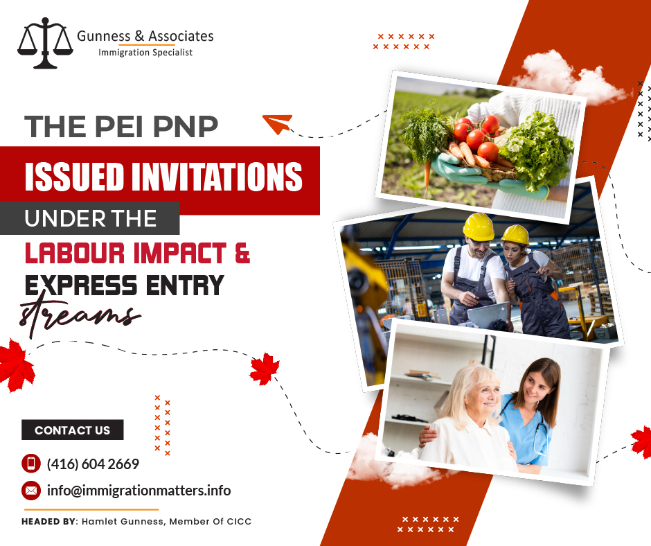 On November 2, 2023, Prince Edward Island conducted a new invitation round in the Labour Impact and Express Entry streams and invited 41 candidates under the Prince Edward Island Provincial Nominee Program (PEI PNP). This draw invited candidates working in the Healthcare, Manufacturing, Food Processing, and Agriculture sectors. The province invited 2,183 candidates this year, including 2,129 candidates under the Labour Impact and Express Entry categories and 54 business candidates. According to the schedule, the next PEI PNP draw will occur on November 16, 2023The PEI EOI system collects important information about you in order to rank and select those who are most likely to meet the economic and labor market needs of Prince Edward Island, based on one or more of the following characteristics:Language options include English and French.
Education: level and field of education and where completed;
Skill and work experience level;
Strategic priorities: features that address immediate labor market needs in PEI.
Other employment-related factors include but are not limited to, having a job offer in PEI and/or previous Canadian work experience.
The PEI PNP Invitations results for 2023Invitation DateEntrepreneur InvitationsMinimum Point ThresholdLabour & Express Entry InvitationsInvitation TotalsNov 2, 2023--4141Oct 19, 2023280102104Oct 5, 2023--2020Sep 21, 2023480153157Aug 31, 2023--2222Aug 17, 20234102138142Aug 3, 2023--5858Jul 20, 202398097106Jun 29, 2023--9090Jun 15, 2023482118122Jun 1, 2023--9797May 18, 2023365156159May 4, 2023--122122Apr 20, 2023972180189Mar 30, 2023--113113Mar 16, 2023652138144Mar 2, 2023--4646Feb 16, 2023670222228Jan 19, 2023762216223Total54 21292183Join our RSS Feed Want to know more details about “The PEI PNP issued invitations under the Labour Impact and Express Entry streams” you can contact one of our immigration specialists at  Gunness & Associates.Tel: (416) 604-2669 Email: info@immigrationmatters.infoGunness & Associates has helped thousands of people successfully immigrate to Canada with their families. Our skilled and experienced immigration experts have the expertise to accurately examine your case and advise you on the best method of proceeding to best serve your needs.For honest and straightforward advice, contact the expertsat Gunness & AssociatesGet a free Assessment Join our newsletter and get up-to-date immigration news Click hereAll rights reserved ©2023 Gunness & Associates