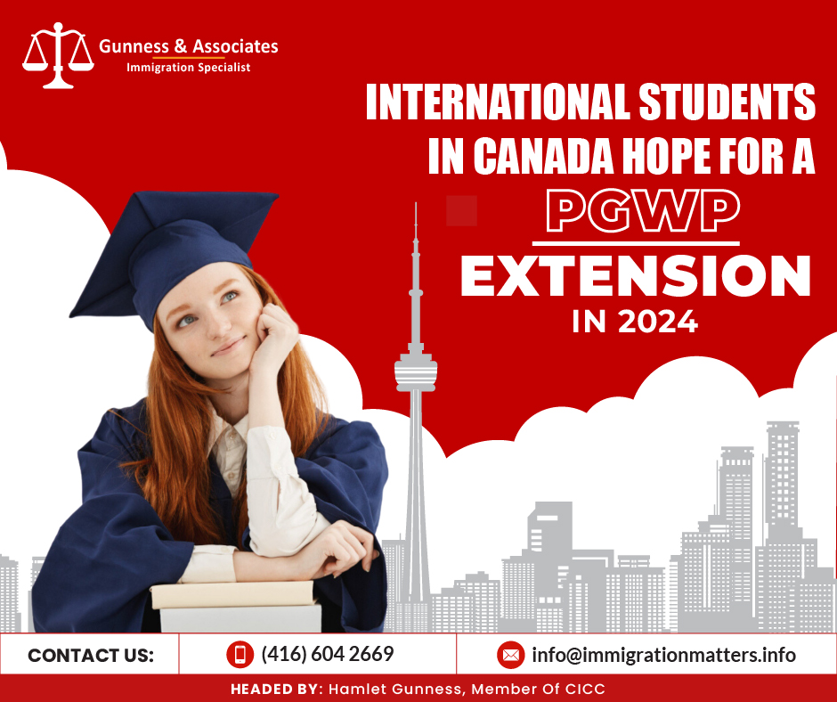 International students in Canada hope for a PGWP extension in 2024, given the limited options for permanent residency. By mid-2023, Canada had approximately 2.2 million temporary residents, with over 1 million holding work permits - which has almost doubled in a year. The PGWP, typically a one-time issuance, was temporarily extended during the COVID-19 pandemic, with a recent extension granting an additional 18 months for permits expiring by December 2023. Previously, students relied on the Canadian Experience Class (CEC) category of the Express Entry system for permanent residency, but the absence of CEC-specific rounds has led to heightened competition. Now, students remain optimistic about a PGWP extension.For more information please connect with an Immigration Consultant.Canada expanded PGWP distance learning measuresOn September 1, 2023, the Government of Canada extended measures allowing international students using the PGWP distance learning option to pursue their higher education in Canada to be eligible for the Post-Graduation Work Permit (PGWP). The measures introduced on October 6, 2022, and set to expire on August 31, 2023, have been extended to December 31, 2023. Students who start their online study program between September 1, 2022, and December 31, 2023, will be able to count the time spent studying online outside of Canada until December 31, 2023, toward the overall length of the PGWP if it does not exceed 50% of the program.About the Post-Graduation Work Permit (PGWP) Students who have graduated from eligible Canadian designated learning institutions (DLIs) are eligible for the Post-Graduation Work Permit (PGWP) Program, which enables them to get an open work permit while acquiring valuable Canadian work experience. Graduates can become eligible for permanent residence in Canada through the Canadian experience class in Express Entry by collecting skilled Canadian work experience in TEER categories 0, 1, or 3 through the PGWP Program.For international students who want to live and work in Canada after completing their program of study, a PGWP is an open work permit.PGWP holders are permitted to work for nearly any employer in Canada because it is an open work permit. The duration of the PGWP could last up to three years, depending on the length of the study program.Join our RSS Feed Want to know more details about the “International students in Canada hope for a PGWP extension in 2024” you can contact one of our immigration specialists at  Gunness & Associates.Tel: (416) 604-2669 Email: info@immigrationmatters.infoGunness & Associates has helped thousands of people successfully immigrate to Canada with their families. Our skilled and experienced immigration experts have the expertise to accurately examine your case and advise you on the best method of proceeding to best serve your needs.For honest and straightforward advice, contact the expertsat Gunness & AssociatesGet a free Assessment Join our newsletter and get up-to-date immigration news Click hereAll rights reserved ©2023 Gunness & Associates