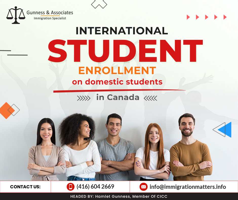 Impact of International Student Enrollment on Domestic Students in Canada From 2010-2019, the number of international students at Canadian public post-secondary institutions increased from 142,200 to 388,800. Now, over 800,000 international students study at all levels in Canada. This surge raised concerns about the impact on domestic enrolment. However, a Statistics Canada study showed a positive relationship between domestic and international enrolment. The study focused on: Science, 
Technology, 
Engineering and Mathematics (STEM) and Business, 
Humanities, 
Arts, 
Social Sciences, and 
Education (BHASE) programs. It found that increased international enrolment did not affect domestic enrolment at the institution level. However, a positive correlation was seen in STEM and BHASE courses: as international enrollment rose, so did domestic enrollment. This was stronger for BHASE programs in post-secondary non-tertiary and short-cycle tertiary programs. No correlation was found at the graduate level within STEM programs, but a positive correlation was seen in BHASE graduate programs.When it came to STEM and BHASE programs, however, the study discovered a positive correlation between the two groups in both cases: as more international students enrolled in STEM and BHASE courses, so did more domestic students. This relationship was even stronger for BHASE programs in post-secondary non-tertiary, and short-cycle tertiary (programs between secondary and post-secondary levels of education), where an increase in international student enrolment in BHASE programs correlated with an increase in domestic students across the institution.Finally, the study discovered no correlation between international and domestic student enrollment in STEM graduate programs; however, a statistically significant positive correlation between international and domestic student enrollment in BHASE graduate programs was discovered.Impact of International Students on the Canadian Education SystemThere has been a considerable increase in the number of international students choosing to further their studies in Canada recently. This influx enhances the cultural diversity on campuses throughout the country and significantly impacts the education system, economy, and the communities that host these students. The growing multicultural environment within educational institutions enriches the learning experience for both local and international students. The increased revenues from international tuition fees also help to improve the quality of education and research in Canadian institutions. Additionally, this trend contributes to the local economy as students spend on housing, food, and other living expenses.Join our RSS Feed Want to know more details about the “Impact of international student enrollment on domestic students in Canada” you can contact one of our immigration specialists at  Gunness & Associates.Tel: (416) 604-2669 Email: info@immigrationmatters.infoGunness & Associates has helped thousands of people successfully immigrate to Canada with their families. Our skilled and experienced immigration experts have the expertise to accurately examine your case and advise you on the best method of proceeding to best serve your needs.For honest and straightforward advice, contact the expertsat Gunness & AssociatesGet a free Assessment Join our newsletter and get up-to-date immigration news Click hereAll rights reserved ©2023 Gunness & Associates