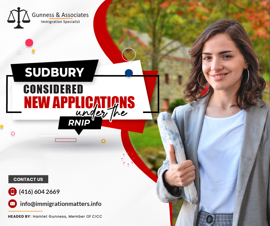 On November 28, 2023, the City of Greater Sudbury held a new round of invitations to the Rural and Northern Immigration Pilot (RNIP) Program. In this round, Sudbury considered 36 new applications under RNIP, including one candidate under the Limited Stream and two candidates through the Francophone Stream. The lowest score of these draws was 245 points, ten points lower than in the previous draw. Last year, Sudbury invited a total of 154 applicants. Since the program's launch, the city has recommended around 555 individuals under the RNIP. So far, the city has considered 478 candidates in 2023.The Northern and Rural Immigration Pilot is an initiative driven by the local community. It is intended to provide skilled foreign workers who wish to live and work in one of the participating communities with a path to permanent residence, distributing the benefits of economic immigration to smaller communities.Participating communities in the RNIP are:North Bay, ON
Sudbury, ON
Timmins, ON
Sault Ste. Marie, ON
Thunder Bay, ON
Brandon, MB
Altona/Rhineland, MB
Moose Jaw, SK
Claresholm, AB
Vernon, BC
West Kootenay (Trail, Castlegar, Rossland, Nelson), BCJoin our RSS Feed Want to know more details about the “Sudbury considered new applications under the RNIP” you can contact one of our immigration specialists at  Gunness & Associates.Tel: (416) 604-2669 Email: info@immigrationmatters.infoGunness & Associates has helped thousands of people successfully immigrate to Canada with their families. Our skilled and experienced immigration experts have the expertise to accurately examine your case and advise you on the best method of proceeding to best serve your needs.For honest and straightforward advice, contact the expertsat Gunness & AssociatesGet a free Assessment Join our newsletter and get up-to-date immigration news Click hereAll rights reserved ©2023 Gunness & Associates