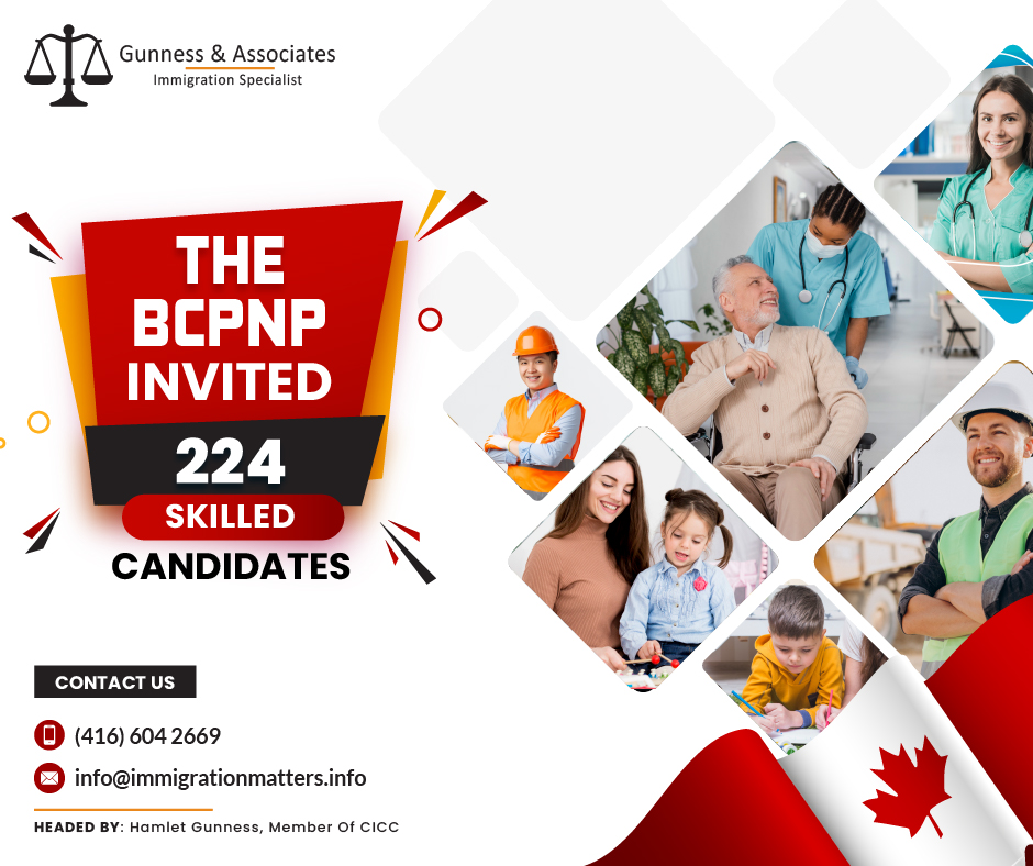 On November 16, 2023, the Government of British Columbia invited 224 skilled candidates to new invitation draws under the British Columbia Provincial Nominee Program (BCPNP) and issued invitations to apply to qualified candidates in healthcare, childcare, construction, and other priority occupations. In the general draw, the province invited 116 candidates. The minimum score for candidates invited to this draw was 94-115 points. BC issued 59 ITAs to candidates under the childcare-targeted draw for early childhood educators (NOC 42202). In the Healthcare-targeted draw, BC British Columbia invited 32 candidates who scored 60 points. In addition, the province invited 12 candidates working in the construction sector. Furthermore, five invitations have been issued for other priority occupations (NOCs 31103, 32104). In total, British Columbia issued 224 ITAs in this draw. This year, British Columbia has already invited 9,179 candidates.Eligibility requirements for Skilled candidates in the BC PNPInvitations to apply for the skilled candidates in the Skills Immigration pathways may be determined by one or more of the following factors:Education – level, and field of education and where it was completed
Eligible professional designations in B.C.
Language skills
Occupation
Duration and skill level of work experience
Wage and/or skill level of job offer
Intent to live, work, and settle in a specific region
Strategic priorities – factors that address specific labor market needs in B.C. or support government pilot projects and initiatives
Priority Occupations in the Construction SectorThe occupations listed below are not the only ones that are eligible for the BC PNP. Priority occupations may receive a targeted invitation after registeringPriority construction occupations:
22114 Landscape and horticulture technicians and specialists
72102 Sheet metal workers
72103 Boilermakers
72104 Structural metal and plate work fabricators and fitters
72105 Ironworkers
72106 Welders and related machine operators
72200 Electricians (except industrial and power system)
72201 Industrial electricians
72300 Plumbers
72301 Steamfitters, pipefitters, and sprinkler system installers
72302 Gas fitters
72310 Carpenters
72311 Cabinetmakers
72320 Bricklayers
72400 Construction millwrights and industrial mechanics
72401 Heavy-duty equipment mechanics
72402 Heating, refrigeration and air conditioning mechanics
72500 Crane operators
73100 Concrete finishers
73101 Tilesetters
73102 Plasterers, drywall installers finishers, and lathers
73110 Roofers and Shinglers
73111 Glaziers
73112 Painters and decorators (except interior decorators)
73113 Floor covering installersJoin our RSS Feed Want to know more details about the “The BCPNP invited 224 skilled candidates” you can contact one of our immigration specialists at Gunness & Associates.Tel: (416) 604-2669 Email: info@immigrationmatters.infoGunness & Associates has helped thousands of people successfully immigrate to Canada with their families. Our skilled and experienced immigration experts have the expertise to accurately examine your case and advise you on the best method of proceeding to best serve your needs.For honest and straightforward advice, contact the expertsat Gunness & AssociatesGet a free Assessment Join our newsletter and get up-to-date immigration news Click hereAll rights reserved ©2023 Gunness & Associates