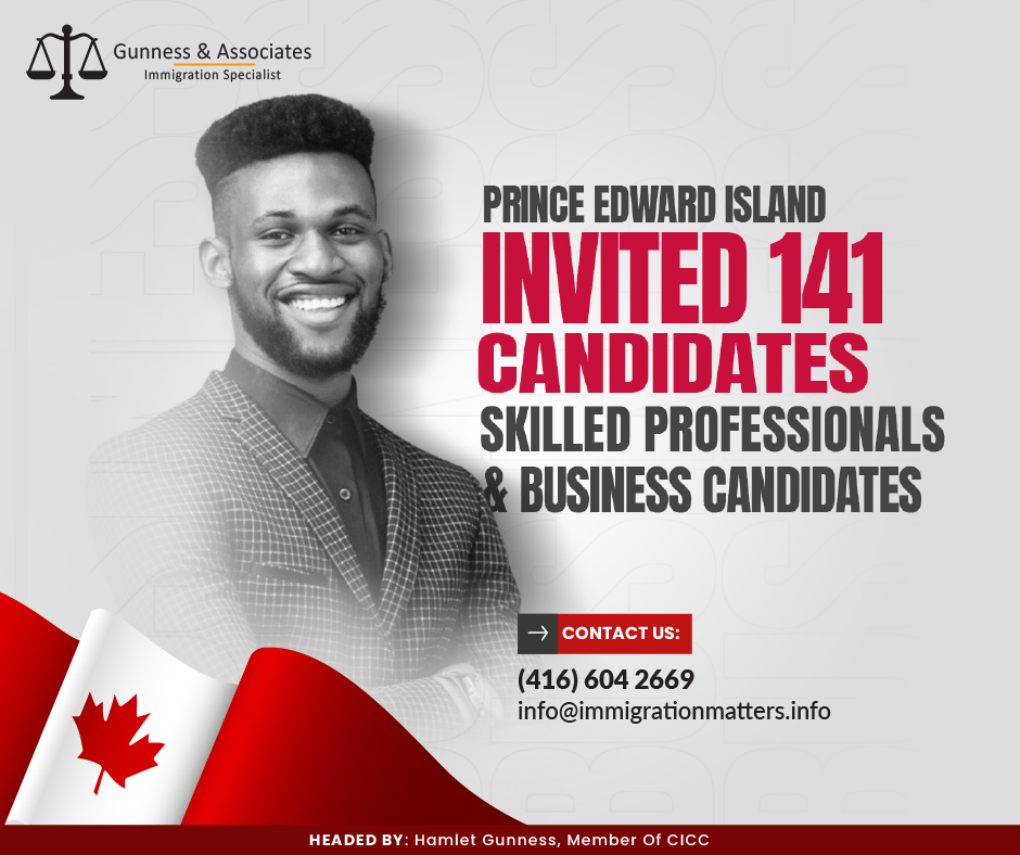 On November 16, 2023, Prince Edward Island held new draws for skilled professionals and business candidates under the Prince Edward Island Provincial Nominee Program (PEI PNP). PEI PNP invited 134 Critical Workers and Express Entry candidates in the Labour Impact and Express Entry streams. Seven more invitations were sent to Business Impact Category candidates. The lowest score for the business candidates was 80. In total, PEI issued 141 invitations in this round. The next draw is scheduled for November 30, 2023. Since the beginning of 2023, the PEI PNP issued 2,324 invitations. Among them, 61 invitations were under the Business Impact Category, and 2,263 were under the Labour Impact and Express Entry categories.What are the eligibility requirements for skilled professionals in the PEI?For the skilled professionals to be eligible for the PEI Skilled Worker stream, skilled professionals must meet the following requirements:have a full-time, non-seasonal (permanent or minimum of two years) job offer from a PEI employer in a highly skilled occupation defined by the Training, Education, Experience, and Responsibility classification system as TEER category 0, 1, 2, or 3(link is external);
have at least two years of full‐time work experience in the past five years;
To work in Canada, you must have a valid work permit
have legal status in the country of residence;
have successfully completed a post‐secondary degree or diploma (minimum two-year program);
be between the ages of 18 and 59
have sufficient English and/or French proficiency to perform the job
About the Prince Edward Island Provincial Nominee Program (PEI PNP)If you want to live permanently in Prince Edward Island, you can apply to the federal government through the PEI Provincial Nominee Program (PNP). Individuals are selected for nomination based on their desire to live and work in PEI as well as their financial ability to establish themselves here. Priority will be given to entrepreneurs and individuals qualified to work in areas of identified skill shortages in the PEI labor market at this time.Join our RSS Feed Want to know more details about the “Prince Edward Island invited 141 skilled professionals and business candidates” you can contact one of our immigration specialists at  Gunness & Associates.Tel: (416) 604-2669 Email: info@immigrationmatters.infoGunness & Associates has helped thousands of people successfully immigrate to Canada with their families. Our skilled and experienced immigration experts have the expertise to accurately examine your case and advise you on the best method of proceeding to best serve your needs.For honest and straightforward advice, contact the expertsat Gunness & AssociatesGet a free Assessment Join our newsletter and get up-to-date immigration news Click hereAll rights reserved ©2023 Gunness & Associates