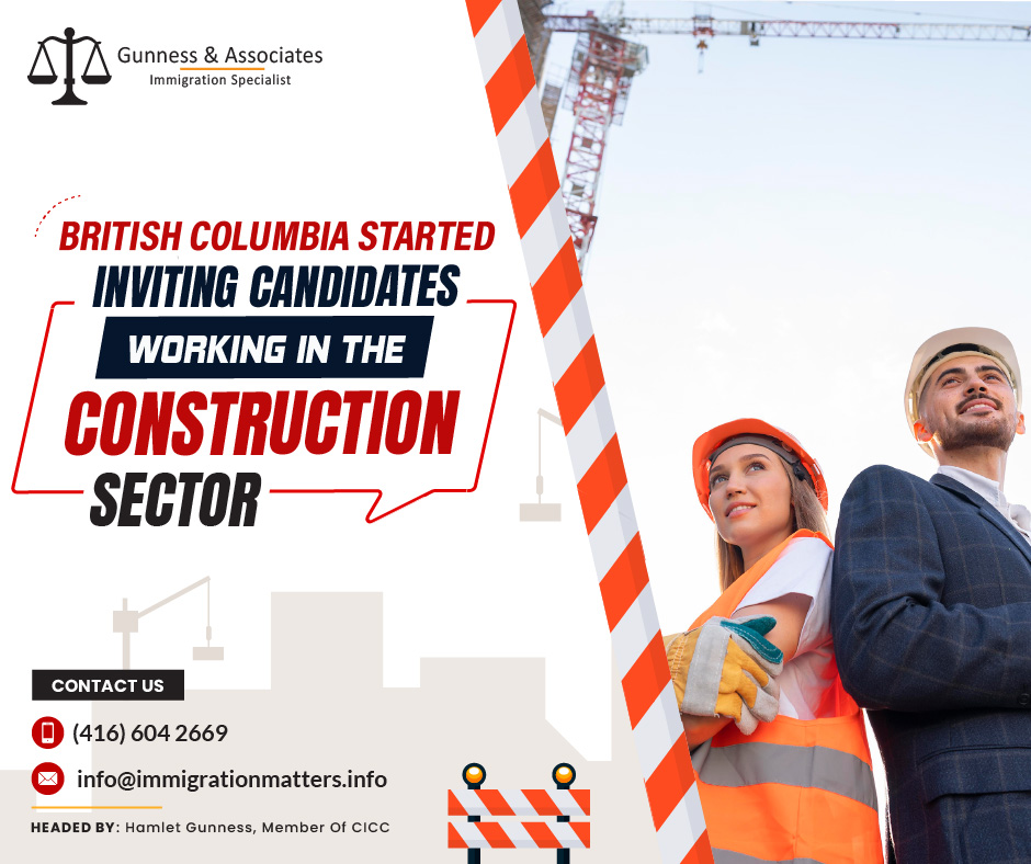 From November 16, 2023, the British Columbia Provincial Nominee Program (BC PNP) prioritized 25 jobs in the construction sector to support the Homes for People plan, addressing the province's housing and infrastructure needs for the next five years. Specifically, workers in selected construction roles with provincial trade qualifications will receive targeted invitations to apply, ensuring immediate contributions to British Columbia's labor market. Valid qualifications include a certificate from SkilledTradesBC or a SkilledTradesBC-registered apprenticeship. Ministry staff are working with partners through the BCPNP to meet the construction sector's needs. To be eligible for targeted invitations to apply, construction workers must meet the following criteria: The job offer must be for a full-time, indefinite-term position in one of the priority construction occupations.
You must have a valid trade certificate issued by SkilledTradesBC or an apprenticeship registered with them.
Priority occupations for the construction sector:
22114 Landscape and horticulture technicians and specialists 
72102 Sheet metal workers
72103 Boilermakers
72104 Structural metal and platework fabricators and fitters
72105 Ironworkers
72106 Welders and related machine operators
72200 Electricians (except industrial and power system)
72201 Industrial electricians
72300 Plumbers
72301 Steamfitters, pipefitters, and sprinkler system installers
72302 Gas fitters
72310 Carpenters
72311 Cabinetmakers
72320 Bricklayers
72400 Construction millwrights and industrial mechanics
72401 Heavy-duty equipment mechanics
72402 Heating, refrigeration, and air conditioning mechanics
72500 Crane operators
73100 Concrete finishers
73101 Tilesetters
73102 Plasterers, drywall installers finishers, and lathers
73110 Roofers and Shinglers
73111 Glaziers
73112 Painters and decorators (except interior decorators)
73113 Floor covering installersThe occupations listed above are not the only ones that are eligible for the BC PNP.  Priority occupations may receive a targeted invitation after enrollment.Join our RSS Feed Want to know more details about “British Columbia started inviting candidates working in the construction sector” you can contact one of our immigration specialists at  Gunness & Associates.Tel: (416) 604-2669 Email: info@immigrationmatters.infoGunness & Associates has helped thousands of people successfully immigrate to Canada with their families. Our skilled and experienced immigration experts have the expertise to accurately examine your case and advise you on the best method of proceeding to best serve your needs.For honest and straightforward advice, contact the expertsat Gunness & AssociatesGet a free Assessment Join our newsletter and get up-to-date immigration news Click hereAll rights reserved ©2023 Gunness & Associates