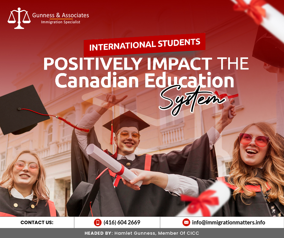 International students positively impact the Canadian education system as there has been a considerable increase in the number of international students choosing to further their studies in Canada recently. This influx enhances the cultural diversity on campuses throughout the country and significantly impacts the education system, economy, and the communities that host these students. The growing multicultural environment within educational institutions enriches the learning experience for both local and international students. The increased revenues from international tuition fees also help to improve the quality of education and research in Canadian institutions. Additionally, this trend contributes to the local economy as students spend on housing, food, and other living expenses.Overview of the Canadian education system Education in Canada is primarily provided publicly, with funding and supervision provided by provincial, territorial, and local governments. Education is governed by the province, and the curriculum is overseen by the province. Primary education is the first level of education in Canada, followed by secondary education and post-secondary education. District school boards administer educational programs within the provinces under the Ministry of Education. Classes at most colleges and universities normally start in early September and run through the end of April or the beginning of May. The two terms that make up the winter session are typically September through December and January through April. From May through August, a variety of summer study programs are available. In Canada, there are also a few special schools that provide year-round instruction.Undergraduate degrees can be completed in three or four years, depending on the university. Postgraduate degrees can be completed in one to two years, depending on the type. Ph.D. programs are longer than in other nations, and master's programs typically last one to two years. Typically, they require four to seven years to finish.Canada has ranked as the second-best country in the world Canada is ranked 2nd best country in the world overall in the 2023 Best Countries ranking by U.S. News, up from 3rd place in 2022. U.S. News analyzed ten sub-categories and surveyed over 17,000 people from 36 countries before ranking 87 countries. Canada ranked in the top five for four sub-categories: Entrepreneurship, Quality of Life, Social Purpose, and Agility. Canada also ranked in the top seven for nine attributes, such as being the 2nd best country for starting a career and racial equality. These rankings show that Canada is a leading destination for immigrants seeking to build a better life, with excellent opportunities for education and career development.Join our RSS Feed Want to know more details about “International students positively impact the Canadian education system” you can contact one of our immigration specialists at  Gunness & Associates.Tel: (416) 604-2669 Email: info@immigrationmatters.infoGunness & Associates has helped thousands of people successfully immigrate to Canada with their families. Our skilled and experienced immigration experts have the expertise to accurately examine your case and advise you on the best method of proceeding to best serve your needs.For honest and straightforward advice, contact the expertsat Gunness & AssociatesGet a free Assessment Join our newsletter and get up-to-date immigration news Click hereAll rights reserved ©2023 Gunness & Associates