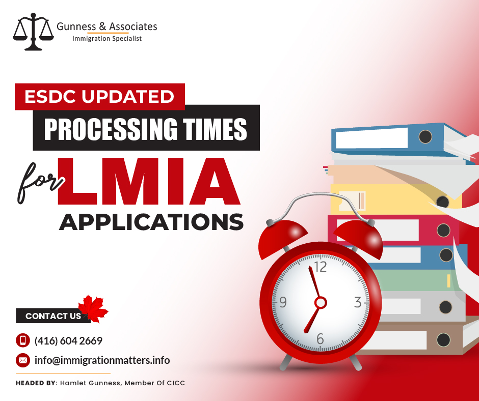 On November 7, 2023, Employment and Social Development Canada (ESDC) updated the processing times for the Labour Market Impact Assessment (LMIA) applications under various streams. Based on statistics from all processing centres, the current average LMIA processing times have increased only for the Seasonal Agricultural Worker Program and High-wage and Low-wage Streams.Global Talent Stream - 9 business days
Agricultural stream - 11 business days
Seasonal Agricultural Worker Program - 8 business days (+2 days)
Permanent residence Stream - 57 business days (-1 day)
In-home caregivers - 20 business days (-5 days)
High-wage Stream - 44 business days (+4 days)
Low-wage Stream - 49 business days (+4 days)LMIA process with Employment and Social Development CanadaEmployment and Social Development Canada (ESDC) determines whether hiring a foreign national will have a positive or neutral impact on the Canadian labor market. The effect of the specific occupation designated by the employer on the labor market is the subject of assessment by ESDC, not whether the foreign national meets the occupational requirements.Based on the information provided by the employer, the ESDC officer determines the appropriate NOC code while reviewing the LMIA application.Before hiring a foreign worker, a Canadian business may require to get a Labour Market Impact Assessment (LMIA). A positiveLMIA will demonstrate that a foreign worker is required to fill the position. Additionally, it will demonstrate that no Canadian citizen or permanent resident is qualified for the position. A confirmation letter is another name for a positive LMIA.Join our RSS FeedWant to know more details about the “Employment and Social Development Canada updated processing times for LMIA applications” you can contact one of our immigration specialists at  Gunness & Associates.Tel: (416) 604-2669
Email: info@immigrationmatters.infoGunness & Associates has helped thousands of people successfully immigrate to Canada with their families. Our skilled and experienced immigration experts have the expertise to accurately examine your case and advise you on the best method of proceeding to best serve your needs.For honest and straightforward advice, contact the experts
at Gunness & AssociatesGet a free AssessmentJoin our newsletter and get up-to-date immigration news Click hereAll rights reserved ©2023 Gunness & Associates
