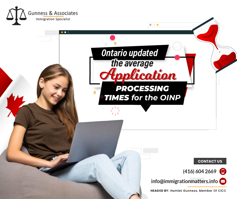 On November 29, 2023, Ontario updated the average application processing times for the OINP. Application processing times vary according to the quantity of applications. Ontario keeps updated the processing times without any delays.Current application processing times for the OINPCurrently, the application processing times for the OINP for the PhD Graduate Stream is 30-60 days, and for the Masters Graduate Stream, it is 60-90 days. Processing times for Ontario’s Express Entry Human Capital Priorities Stream is 70-100 days. Moreover, the average processing time for Express Entry Skilled Trades Stream, Express Entry French-Speaking Skilled Worker Stream, and Employer Job Offer: International Student Stream is 90-120. The average application processing times for Employer Job Offer: In-Demand Skills Stream and Employer Job Offer: Foreign Worker Stream is 120-150 days. The processing time for Ontario’s Expression of Interest (EOI) Assessment in the Entrepreneur Stream still requires less than 30 days, and the application processing depends on the complexity of the business nomination application. Ontario Immigrant Nominee Program (OINP)The province's economic immigration program is the Ontario Immigrant Nominee Program (OINP). It interacts with the Canadian government through Immigration, Refugees, and Citizenship Canada (IRCC).Foreign workers, international students, and others with the necessary skills, experience, and education apply for nomination to the OINP.The OINP recognizes and nominates people for permanent residence who have the skills and experience that the Ontario economy requires, and the Government of Canada makes the final decision to approve permanent residence applications.Join our RSS Feed Want to know more details about the “Ontario updated the average application processing times for the OINP” you can contact one of our immigration specialists at  Gunness & Associates.Tel: (416) 604-2669 Email: info@immigrationmatters.infoGunness & Associates has helped thousands of people successfully immigrate to Canada with their families. Our skilled and experienced immigration experts have the expertise to accurately examine your case and advise you on the best method of proceeding to best serve your needs.For honest and straightforward advice, contact the expertsat Gunness & AssociatesGet a free Assessment Join our newsletter and get up-to-date immigration news Click hereAll rights reserved ©2023 Gunness & Associates