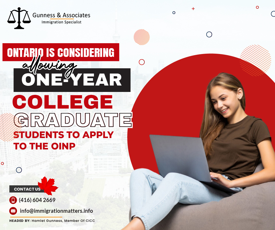 The Ontario Government plans to amend the Ontario Immigrant Nominee Program (OINP) to increase eligibility for international college graduate students. The proposed legislation focuses on revising requirements for those in one-year college graduate certificate programs, with over 900 such programs across the province. This offers international students who previously considered moving to other provinces a better chance for permanent residency. The changes, possibly approved next week and implemented early next year, also ban Canadian work experience as a job prerequisite, facilitating more qualified candidates to progress in the interview process.Studies show that helping recently arrived immigrants with foreign training to find jobs in the fields they studied for could increase the province's GDP by as much as $100 billion over a period of five years. Ontario receives more immigrants than any other province.Through the OINP, Ontario will nominate 16,500 immigrants this year for permanent residence in a number of key sectors, including skilled trades and healthcare.Ontario bans Canadian work experience as a job prerequisite, facilitating more qualified candidates The Government of Ontario proposes legislation prohibiting employers from requiring "Canadian work experience" in job applications. Ontario’s Ministry of Labour, Immigration, Training, and Skills Development believes this will address labor shortages by allowing newcomers to secure better-suited jobs instead of settling for positions overqualified. Ontario aims to enable internationally trained immigrants to work in their fields of study, fostering their integration and supporting the provincial workforce. Ontario's Minister of Citizenship and Multiculturalism, Michael Ford, states this change will benefit families, communities, and businesses.Join our RSS Feed Want to know more details about “Ontario is considering allowing one-year college graduate students to apply to the OINP” you can contact one of our immigration specialists at  Gunness & Associates.Tel: (416) 604-2669 Email: info@immigrationmatters.infoGunness & Associates has helped thousands of people successfully immigrate to Canada with their families. Our skilled and experienced immigration experts have the expertise to accurately examine your case and advise you on the best method of proceeding to best serve your needs.For honest and straightforward advice, contact the expertsat Gunness & AssociatesGet a free Assessment Join our newsletter and get up-to-date immigration news Click hereAll rights reserved ©2023 Gunness & Associates