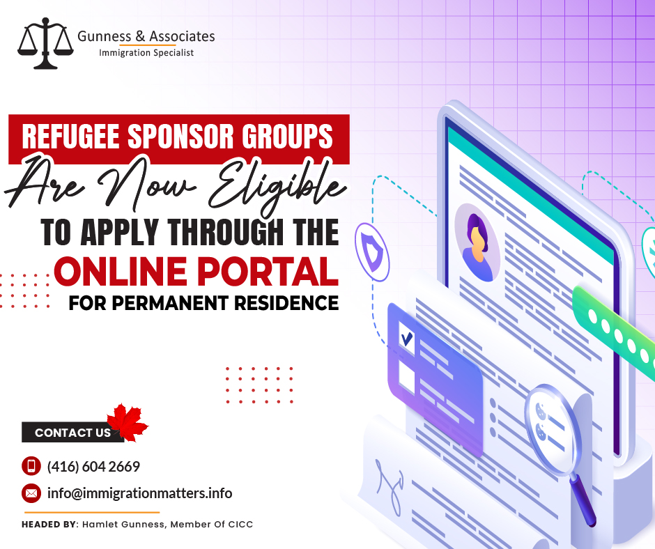 On November 6, 2023, Immigration, Refugees and Citizenship Canada (IRCC) expanded the Permanent Residence Portal to private refugee sponsors, with government-assisted partners to follow, offering a convenient, secure, and efficient application process. Immediate application confirmations will eliminate email delays and expedite the application process. The Refugee Sponsorship Training Program (RSTP) helps the transition with info sessions, training, and support. Sponsors must transition to the portal by December 31, 2023. From January 1, 2024, IRCC will only accept applications via the portal or mail.Benefits of the permanent residence portal  This expansion allows sponsors to submit applications and referrals in a more convenient, secure, and efficient way. They will receive immediate confirmation that they have successfully submitted an application, avoiding delays and issues associated with email submissions.Online application submissions will also improve the intake process by preventing the submission of most incomplete applications. This saves time and allows IRCC officers to focus on completing applications.To assist sponsor groups in successfully transitioning to the portal, IRCC is collaborating closely with the Refugee Sponsorship Training Program (RSTP) and other partners. RSTP has held information sessions and will provide training and other support. The IRCC website also has updated instruction guides.Join our RSS Feed Want to know more details about the “Refugee sponsor groups are now eligible to apply through the permanent residence portal” you can contact one of our immigration specialists at  Gunness & Associates.Tel: (416) 604-2669 Email: info@immigrationmatters.infoGunness & Associates has helped thousands of people successfully immigrate to Canada with their families. Our skilled and experienced immigration experts have the expertise to accurately examine your case and advise you on the best method of proceeding to best serve your needs.For honest and straightforward advice, contact the expertsat Gunness & AssociatesGet a free Assessment Join our newsletter and get up-to-date immigration news Click hereAll rights reserved ©2023 Gunness & Associates