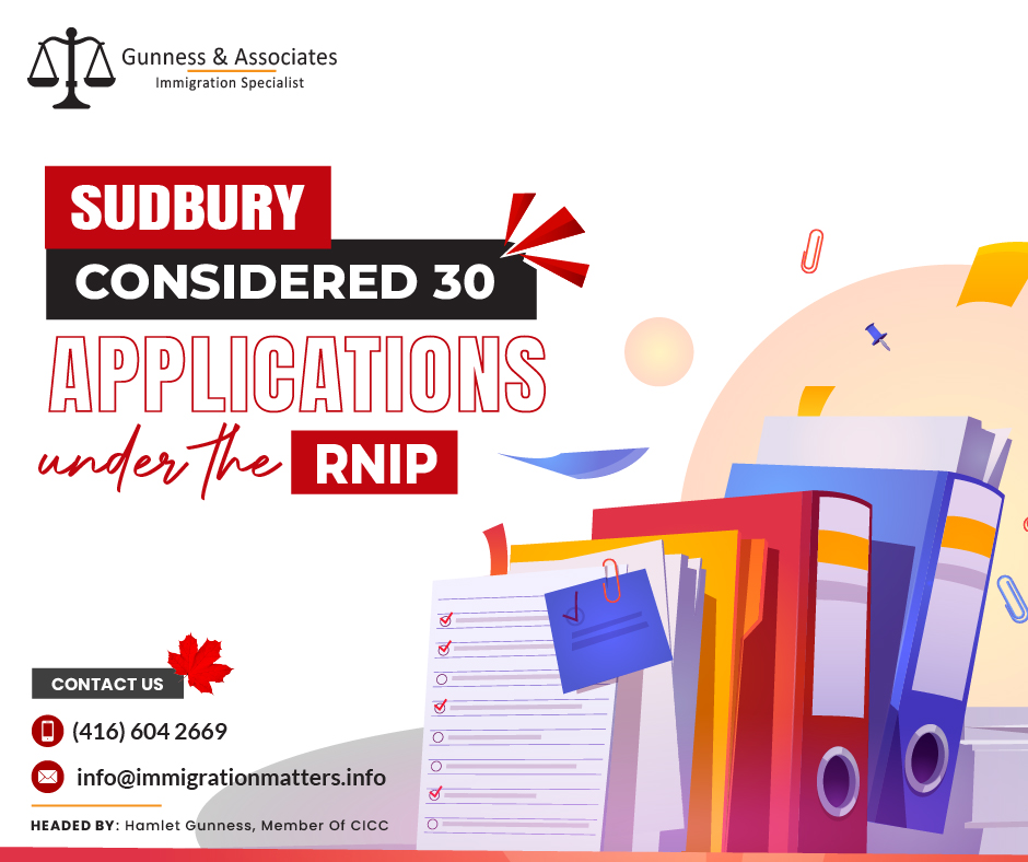 On November 8, 2023, the City of Greater Sudbury held a new RNIP round of invitations and considered 30 candidates. The lowest score of these draws was 255 points, 20 points more than in the previous draw. Last year, Sudbury invited a total of 154 applicants. Since the program's launch, the city has recommended around 550 individuals under the RNIP. So far, the city has considered 442 candidates in 2023.Results of the RNIP round of invitations in 2023On October 13, 2023, the City of Greater Sudbury held a new round of invitations for the Rural and Northern Immigration Pilot (RNIP) Program. In this round, Sudbury considered 33 candidates, including two candidates drawn through the Francophone Stream. The lowest score of these draws was 235 points, five points lower than in the previous draw. On September 20, 2023, the City of Greater Sudbury held a new round of invitations for the Rural and Northern Immigration Pilot (RNIP). In this round, Sudbury considered 37 candidates, including two candidates drawn through the Francophone Stream. The lowest score of these draws was 235 points, 15 points more than in the previous draw. On September 1, 2023, the City of Greater Sudbury held the new RNIP round of invitations. In this round, Sudbury considered 62 candidates. The lowest score of these draws was 220 points, 20 points fewer than in the previous draw. On July 31, 2023, the City of Greater Sudbury held a new round of invitations for the Rural and Northern Immigration Pilot (RNIP). In this round, Sudbury considered 54 candidates, including one drawn through the Francophone Stream. The lowest score of these draws was 240 points, ten points lower than in the previous draw. On June 28, 2023, the City of Greater Sudbury held a new round of invitations for the Rural and Northern Immigration Pilot (RNIP). In this round, Sudbury considered 53 candidates. The lowest score of these draws was 250 points, ten points lower than in the previous draw.On May 31, 2023, the City of Greater Sudbury held a new round of invitations for the Rural and Northern Immigration Pilot (RNIP). In this round, Sudbury considered 24 candidates. The lowest score of these draws was 260 points, the same as in the previous draw. Last year, Sudbury invited a total of 154 applicants.On February 23, 2023, the City of Greater Sudbury held a new round of invitations for the Rural and Northern Immigration Pilot (RNIP). In this round, Sudbury considered 25 candidates. The lowest score of these draws was 245 points, five points fewer than in the previous draw. All applicants had one eligible occupation and a wage over $20 per hour.On March 29, 2023, the City of Greater Sudbury held a new round of invitations for the Rural and Northern Immigration Pilot (RNIP). In this round, Sudbury considered 27 candidates. The lowest score of these draws was 270 points, 25 points more than in the previous draw. Five of these candidates were drawn through the Francophone Stream. On January 26, 2023, the City of Greater Sudbury held a new round of invitations for the Rural and Northern Immigration Pilot (RNIP). In this round, Sudbury considered 24 candidates. The lowest score of these draws was 250 points, 70 points more than in the previous draw. Join our RSS Feed Want to know more details about the “Sudbury considered 30 applications under the RNIP” you can contact one of our immigration specialists at  Gunness & Associates.Tel: (416) 604-2669 Email: info@immigrationmatters.infoGunness & Associates has helped thousands of people successfully immigrate to Canada with their families. Our skilled and experienced immigration experts have the expertise to accurately examine your case and advise you on the best method of proceeding to best serve your needs.For honest and straightforward advice, contact the expertsat Gunness & AssociatesGet a free Assessment Join our newsletter and get up-to-date immigration news Click hereAll rights reserved ©2023 Gunness & Associates