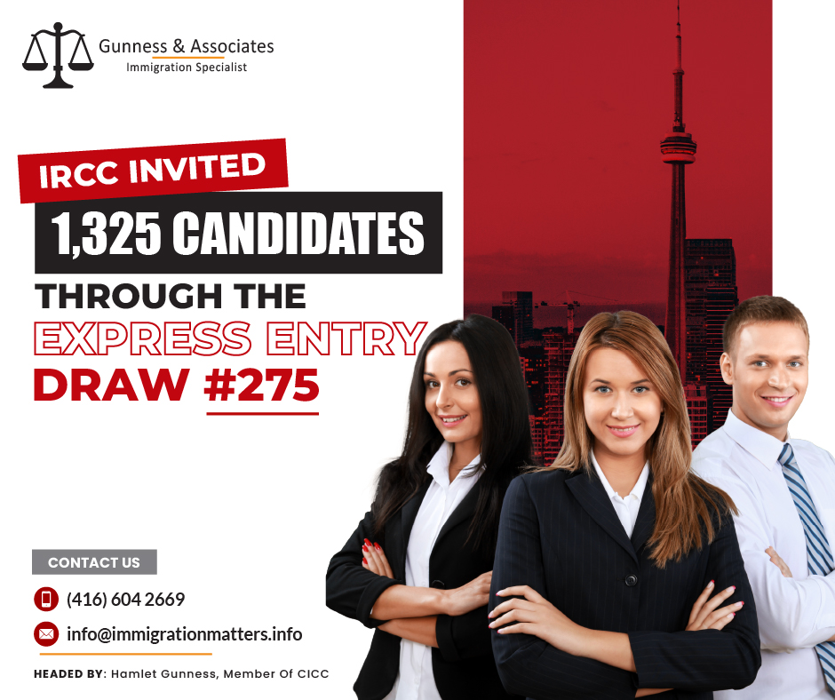 On December 18, 2023, Immigration, Refugees and Citizenship Canada (IRCC) issued 1,325 Invitations to Apply (ITA) to candidates under the latest Canada Express Entry draw #275. In this draw, IRCC invited candidates under all immigration programs. In the latest round of invitations, the cut-off score was 542 points, 19 points fewer than in the previous all-program draw. The tie-breaking rule for this round was November 6, 2023, at 14:40:23 UTC. As of December 17, 2023, are 208,638 profiles registered in the Express Entry pool. In 2023, Canada issued 108,196 ITAs through the Express Entry draws.Assess Your Eligibility for Immigration to CanadaCanada Express Entry Draws in December 2023As of December 18, 2023, Canada Express Entry draws will be held. The total number of EE draws held in December is shown in the table below:DateDrawDraw TypeITAsCRS Score275December 18, 2023All-Program Draw1325542274December 08, 2023STEM occupations5900481273December 07, 2023French Language proficiency1000470272December 06, 2023All-program Draw4750561This year, Canada has held the following Express entry draws:
There are 19 all-program draws.
There are five PNP draws.
Five draws are aimed specifically at French speakers.
Three draws are aimed specifically at healthcare occupations.
One draw is aimed specifically at STEM occupations.
One draw is aimed at skilled tradespeople.
One draw was specifically for Federal Skilled Worker candidates.
One draw focuses on transportation jobs.
One draw was aimed specifically at agriculture and agri-food occupations.Join our RSS Feed If you want to know more details about the “Latest Canada Express Entry draw 275 invited 1,325 candidates" you can contact one of our immigration specialists at  Gunness & Associates.Tel: (416) 604-2669 Email: info@immigrationmatters.infoGunness & Associates has helped thousands of people successfully immigrate to Canada with their families. Our skilled and experienced immigration experts have the expertise to accurately examine your case and advise you on the best method of proceeding to serve your needs.For honest and straightforward advice, contact the expertsat Gunness & AssociatesGet a free Assessment Join our newsletter and get up-to-date immigration news Click hereAll rights reserved ©2023 Gunness & Associates