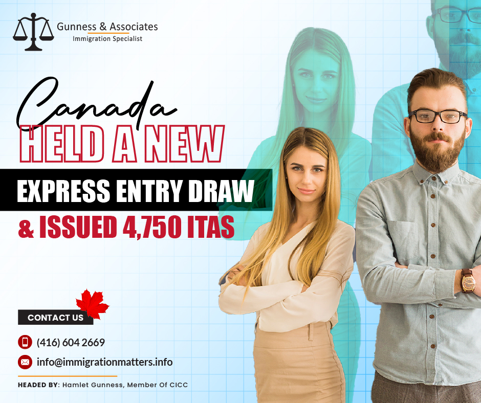 On December 6, 2023, Immigration, Refugees and Citizenship Canada (IRCC) issued 4,750 Invitations to Apply (ITA) to candidates under the Express Entry draw #272. In this draw, IRCC invited candidates under all immigration programs.In the latest round of invitations, the cut-off score was 561 points, 61 points more than in the previous all-program draw. The tie-breaking rule for this round was November 8, 2023, at 06:00:13 UTC.As of December 5, 2023, there are 217,370 profiles registered in the Express Entry pool. In 2023, Canada issued 99,971 ITAs through the Express Entry draws.This year, Canada has held the following Express entry draws:There are 18 all-program draws.
There are five PNP draws.
Five draws are aimed specifically at French speakers.
Three draws are aimed specifically at healthcare occupations.
One draw is aimed specifically at STEM occupations.
One draw is aimed at skilled tradespeople.
One draw was specifically for Federal Skilled Worker candidates.
One draw focuses on transportation jobs.
One draw was aimed specifically at agriculture and agri-food occupations.Important Factors for the Express Entry CandidatesFactors considered for express entry candidates included ITAs by program, province, score, age, and occupation. Most successful were Canadian Experience Class applicants in their 20s, often software engineers planning to live in Ontario. By program, 45% of ITAs went to the CEC, 30% to FSWP, and 26% to the PNP. Almost half of all ITA recipients planned to reside in Ontario, followed by British Columbia, Alberta, and Nova Scotia. Click here to read the complete details.Join our RSS FeedWant to know more details about “Canada held a new Express Entry draw and issued 4,750 ITAs” you can contact one of our immigration specialists at  Gunness & Associates.Tel: (416) 604-2669
Email: info@immigrationmatters.infoGunness & Associates has helped thousands of people successfully immigrate to Canada with their families. Our skilled and experienced immigration experts have the expertise to accurately examine your case and advise you on the best method of proceeding to best serve your needs.For honest and straightforward advice, contact the experts
at Gunness & AssociatesGet a free AssessmentJoin our newsletter and get up-to-date immigration news Click hereAll rights reserved ©2023 Gunness & Associates
