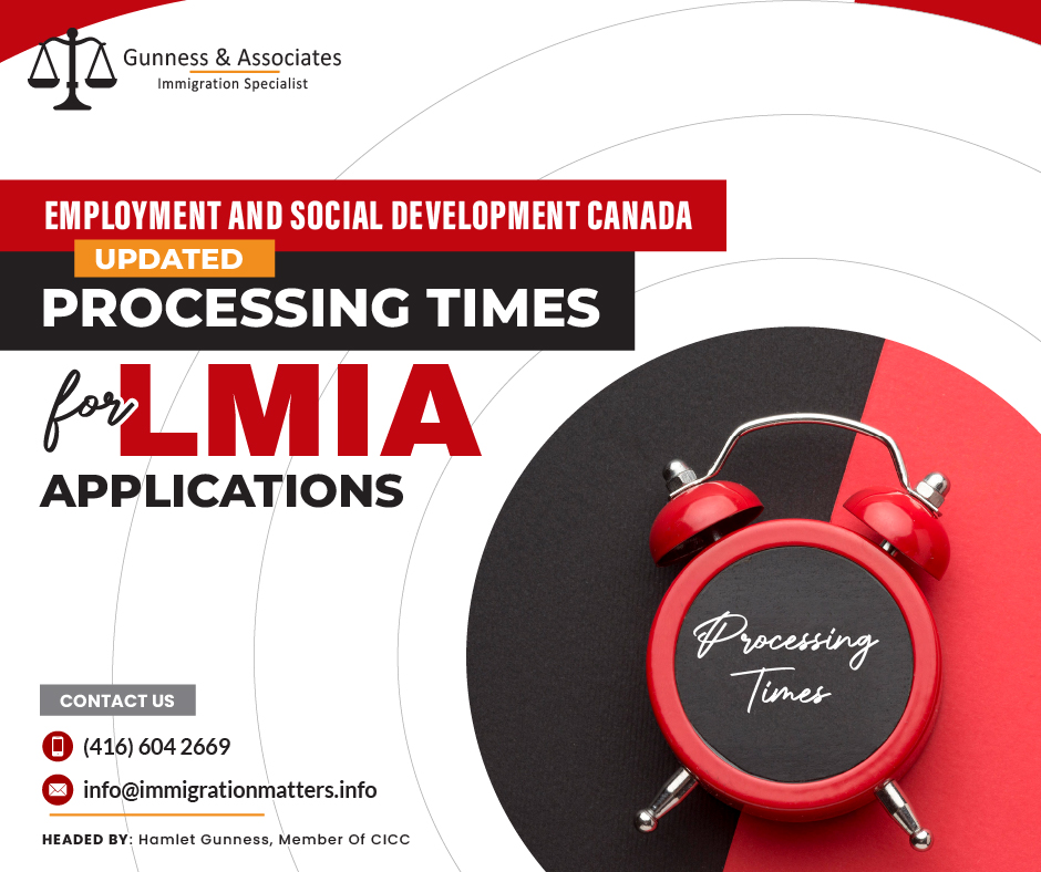 On December 14, 2023, Employment and Social Development Canada (ESDC) updated the processing times for the LMIA applications under various streams. Based on statistics from all processing centers, the current average LMIA processing times have decreased only for the Global Talent Stream. Global Talent Stream - 6 business days (-3 days)
Agricultural stream - 12 business days (+1 day)
Seasonal Agricultural Worker Program - 8 business days
Permanent residence Stream - 77 business days (+20 days)
In-home caregivers - 23 business days (+3 days)
High-wage Stream - 44 business days
Low-wage Stream - 49 business daysService Canada is committed to providing a positive client experience to all Temporary Foreign Worker Program (TFWP) applicants and recognizes that the program, through its various delivery streams, is critical to addressing labor shortages in Canada and meeting the needs of Canadian businesses.LMIA application processing times can vary depending on the number of applications received by the TFWP. About Global Talent StreamThe Global Talent Stream provides timely, responsive, and predictable client-focused service to assist you in gaining access to highly skilled global talent in order to expand your workforce in Canada and remain competitive on a global scale. This stream is intended for innovative Canadian firms that have been referred to Service Canada by a designated referral partner and require unique and specialized foreign nationals to scale up and grow. It's also intended for Canadian businesses looking to fill a high-demand, highly-skilled position on the Global Talent Occupations List.Join our RSS Feed If you want to know more details about the “ESDC updated processing times for LMIA applications in December" you can contact one of our immigration specialists at  Gunness & Associates.Tel: (416) 604-2669 Email: info@immigrationmatters.infoGunness & Associates has helped thousands of people successfully immigrate to Canada with their families. Our skilled and experienced immigration experts have the expertise to accurately examine your case and advise you on the best method of proceeding to serve your needs.For honest and straightforward advice, contact the expertsat Gunness & AssociatesGet a free Assessment Join our newsletter and get up-to-date immigration news Click hereAll rights reserved ©2023 Gunness & Associates