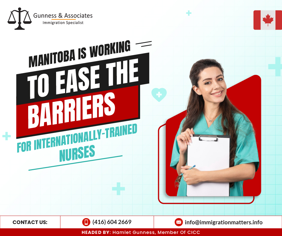 Manitoba's Immigration Minister Malaya Marcelino is working to ease accreditation for internationally-educated nurses in the province. Marcelino, who took over the immigration portfolio a month ago, is responding to calls from these nurses across Canada. The Manitoba government successfully welcomed hundreds of foreign healthcare professionals after a Philippines mission, with over 300 now working as nurses or health aides across the province. Manitoba Health Minister Audrey Gordon reiterated their commitment to health system improvement and patient care access. Over 300 candidates who passed interviews during a recruitment mission to the Philippines accepted job offers and have started arriving in Manitoba.Monika Warren, Shared Health's chief nursing officer, expressed confidence that the new hires will be able to overcome any immigration and licensing issues. "We chose candidates we thought would be successful." "There were some candidates who were screened out, and some who we didn't even interview because we felt they had too big a hill to climb, as it were," she said at a news conference on Tuesday.According to Warren, health officials noticed that half of the new hires have family connections in Manitoba, so the province attempted to place them in communities where they had friends and/or family. She also stated that they will be assigned mentors at work and will be assisted in finding accommodations. Canada is attracting more internationally educated healthcare professionalsNewfoundland and Labrador, Nova Scotia, and Saskatchewan had the highest percentage of internationally educated healthcare professionals (IEHPs) working in their fields in 2021, with 74%, 68%, and 67%, respectively. Ontario had attracted the most significant number of IEHPs, with 116,310 residing there in 2021. IEHPs were most likely to be nurses, with one-third studying nursing. The fields of study varied by province, with:Prince Edward Island has the highest percentage of IEHPs studying nursing at 53%, 
Newfoundland and Labrador has 30% trained to be physicians, and 
Ontario has the highest proportion of IEHPs studying dentistry at 10% or pharmacy at 9%.Join our RSS Feed If you want to know more details about “Manitoba is working to ease barriers for internationally-educated nurses” you can contact one of our immigration specialists at  Gunness & Associates.Tel: (416) 604-2669 Email: info@immigrationmatters.infoGunness & Associates has helped thousands of people successfully immigrate to Canada with their families. Our skilled and experienced immigration experts have the expertise to accurately examine your case and advise you on the best method of proceeding to serve your needs.For honest and straightforward advice, contact the expertsat Gunness & AssociatesGet a free Assessment Join our newsletter and get up-to-date immigration news Click hereAll rights reserved ©2023 Gunness & Associates