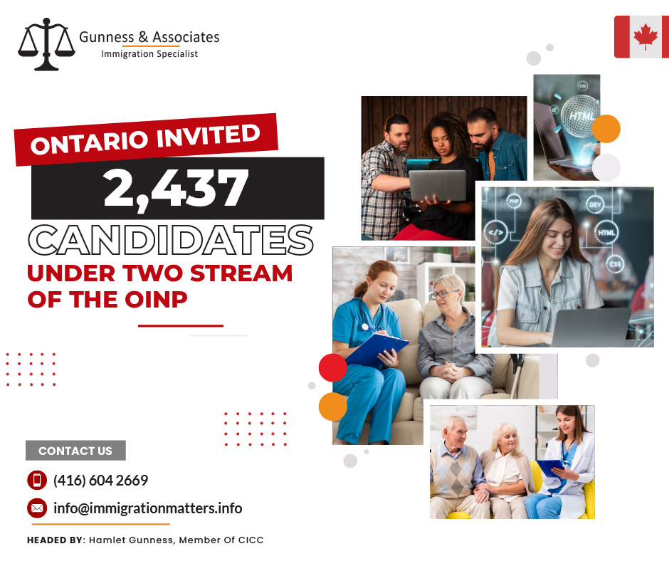 On December 5, 2023, the Government of Ontario held new draws under two streams of the OINP in the Employer Job Offer: In-Demand Skills Stream (EJO IDS) and Employer Job Offer: Foreign Worker Stream (EJO FW) of the Ontario Immigrant Nominee Program (OINP). The province held three draws in the EJO FW Stream and issued 2,437 invitations to apply (ITAs) to eligible candidates working in healthcare, tech, and skilled trades occupations and those applying under the Economic Mobility Pathways. In addition, Ontario held another draw for the EJO IDS stream and issued 262 invitations to apply in a general draw to candidates with a minimum score of 30. In total, OINP issued invitations to 39,564 candidates in 2023.Tech Occupations invited under two streams of the OINPCandidates received an invitation only if they had a score of 43 or higher and a job offer in one of the national occupational codes (NOC) listed below:NOC 20012 - Computer and information systems managers
NOC 21211 - Data Scientists
NOC 21220 - Cybersecurity specialists
NOC 21221 - Business system analysts
NOC 21222 - Information systems specialists
NOC 21223 - Database analysts and data administrators
NOC 21230 - Computer systems developers and programmers
NOC 21231 - Software engineers and designers
NOC 21232 - Software developers and programmers
NOC 21233 - Web designers
NOC 21234 - Web developers and programmers
NOC 21311 - Computer engineers (except software engineers and designers)
NOC 22220 - Computer network technicians
NOC 22221 - User support technicians
NOC 22222 - Information systems testing techniciansYou may apply to this stream if you receive an invitation to apply by December 5, 2023. Overview of the Employer Job Offer: In-Demand Skills StreamThe Employer Job Offer: The in-demand Skills stream allows foreign workers with job offers in specific in-demand occupations such as agriculture, construction, and other select occupations to permanently apply to live and work in Ontario. This stream is open to both inside Canada and outside workers.Before you can apply online to be nominated for permanent residence by the Ontario government, you must first receive an invitation to apply.About the Ontario Immigrant Nominee Program (OINP)The Ontario Immigration Nominee Program (OINP) selects individuals who may meet the criteria for one of the immigration streams listed below through an expression of interest system. If Ontario selects you from the candidate pool, you will be invited to apply. Receiving an invitation to apply does not guarantee that you will be accepted into one of our streams.If you receive an invitation to apply, you may apply online if you meet the requirements for the stream specified in your invitation to apply. You must apply within 14 calendar days of receiving the invitation to apply.Join our RSS Feed Want to know more details about the “Ontario invited 2,437 candidates under two streams of the OINP” you can contact one of our immigration specialists at  Gunness & Associates.Tel: (416) 604-2669 Email: info@immigrationmatters.infoGunness & Associates has helped thousands of people successfully immigrate to Canada with their families. Our skilled and experienced immigration experts have the expertise to accurately examine your case and advise you on the best method of proceeding to best serve your needs.For honest and straightforward advice, contact the expertsat Gunness & AssociatesGet a free Assessment Join our newsletter and get up-to-date immigration news Click hereAll rights reserved ©2023 Gunness & Associates