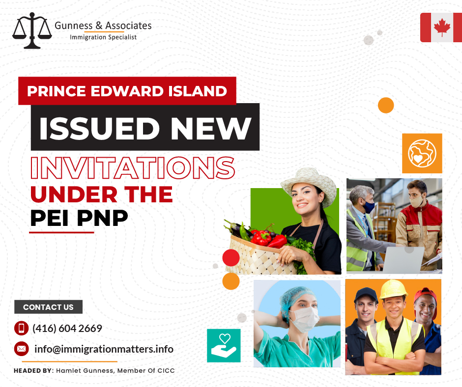 On November 30, 2023, Prince Edward Island conducted a new invitation round in the Labour Impact and Express Entry streams and invited 69 candidates under the Prince Edward Island Provincial Nominee Program (PEI PNP).This draw invited candidates working in the Healthcare, Manufacturing, Food Processing, and Construction sectors. The province invited 2,394 candidates this year, including 2,199 under the Labour Impact and Express Entry categories and 61 business candidates.
According to the schedule, the next PEI PNP draw will occur on December 21, 2023.The PEI EOI system collects important information about you in order to rank and select those who are most likely to meet the economic and labor market needs of Prince Edward Island, based on one or more of the following characteristics:Language options include English and French.
Education: level and field of study, as well as location of completion;
Skill and work experience level;.
Strategic priorities: characteristics that address immediate labor market needs in PEI.
Other employment-related factors include but are not limited to, having a job offer in PEI and/or previous Canadian work experience.The PEI PNP streamsThe Prince Edward Island Provincial Nominee Program (PEI PNP), a Provincial Nominee Program (PNP), is a collection of immigration streams intended for immigrants with business acumen, skilled workers, and recent graduates. PEI PNP streams are:
PEI Express Entry
Skilled Worker outside Canada stream
International Graduate Stream
Critical worker stream
Skilled Worker in PEI stream
Occupations in demand stream
PEI Business ImpactJoin our RSS FeedWant to know more details about the “PEI conducted a new invitation round and issued 69 new invitations” you can contact one of our immigration specialists at  Gunness & Associates.Tel: (416) 604-2669
Email: info@immigrationmatters.infoGunness & Associates has helped thousands of people successfully immigrate to Canada with their families. Our skilled and experienced immigration experts have the expertise to accurately examine your case and advise you on the best method of proceeding to best serve your needs.For honest and straightforward advice, contact the experts
at Gunness & AssociatesGet a free AssessmentJoin our newsletter and get up-to-date immigration news Click hereAll rights reserved ©2023 Gunness & Associates
