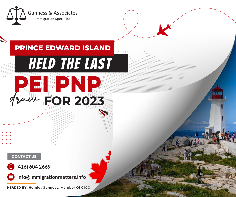 On December 21, 2023, Prince Edward Island held new draws under the Prince Edward Island Provincial Nominee Program (PEI PNP). In the last PEI PNP draw for 2023 PEI invited 26 candidates working in the Healthcare, Construction, and Food Processing sectors via the Labour Impact and Express Entry streams. Three more invitations were sent to Business Impact Category candidates. The lowest score for the business candidates was 92. In total, PEI issued 29 invitations in this round. This was the last draw for 2023. Since the beginning of 2023, the PEI PNP issued 2,423 invitations. Among them, 64 invitations were under the Business Impact Category, and 2,359 were under the Labour Impact and Express Entry categories.Overview of the PEI PNP draws for 2023On November 30, 2023, PEI conducted a new invitation round in the Labour Impact and Express Entry streams and invited 69 candidates under the Prince Edward Island Provincial Nominee Program (PEI PNP). This draw invited candidates working in the Healthcare, Manufacturing, Food Processing, and Construction sectors. The province invited 2,394 candidates this year, including 2,199 under the Labour Impact and Express Entry categories and 61 business candidates. On November 16, 2023, Prince Edward Island held new draws for skilled professionals and business candidates under the Prince Edward Island Provincial Nominee Program (PEI PNP). PEI PNP invited 134 Critical Workers and Express Entry candidates in the Labour Impact and Express Entry streams. Seven more invitations were sent to Business Impact Category candidates. The lowest score for the business candidates was 80. In total, PEI issued 141 invitations in this round. The next draw is scheduled for November 30, 2023. Prince Edward Island recruited over 500 internationally trained nurses and care support workers to address staffing shortages and improve patient care. Collaborative efforts by Health PEI, the Recruitment and Retention Secretariat, and the Public Service Commission have streamlined hiring processes. Since January 2023, the province has hired 547 staff in various roles, with 147 of them being new graduates. A new online portal simplifies applications for registered nursing positions, attracting both local and international applicants.On November 2, 2023, Prince Edward Island conducted a new invitation round in the Labour Impact and Express Entry streams and invited 41 candidates under the Prince Edward Island Provincial Nominee Program (PEI PNP). This draw invited candidates working in the Healthcare, Manufacturing, Food Processing, and Agriculture sectors. The province invited 2,183 candidates this year, including 2,129 candidates under the Labour Impact and Express Entry categories and 54 business candidates. Full details of the PEI PNP Draws can be found hereJoin our RSS Feed If you want to know more details about the “PEI held the last PEI PNP draw for 2023" you can contact one of our immigration specialists at  Gunness & Associates.Tel: (416) 604-2669 Email: info@immigrationmatters.infoGunness & Associates has helped thousands of people successfully immigrate to Canada with their families. Our skilled and experienced immigration experts have the expertise to accurately examine your case and advise you on the best method of proceeding to serve your needs.For honest and straightforward advice, contact the expertsat Gunness & AssociatesGet a free Assessment Join our newsletter and get up-to-date immigration news Click hereAll rights reserved ©2023 Gunness & Associates