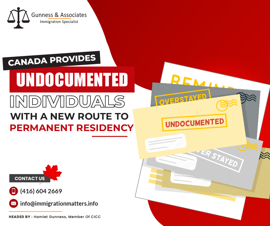 Canada's Immigration Minister Marc Miller announced a comprehensive program allowing undocumented people to apply for permanent residence. This aligns with Canada's immigration targets, aiming to admit up to 500,000 immigrants by 2025. An estimated 300,000 to 600,000 individuals currently live in Canada without valid documents, facing potential deportation. The program will also cover those who overstayed their visas. However, not all will be eligible to apply. Undocumented migrants typically fall out of status due to failing eligibility criteria for overstaying their authorized period. A small portion unlawfully entered or was trafficked into Canada.In addition to people who entered the nation illegally, the proposed program will also cover people who initially came as foreign students or temporary workers and decided to stay in the country after their visas expired.To be a Permanent Resident in Canada, Get legal assistance from Gunness & AssociatesDescription of Undocumented PeopleUndocumented individuals do not have the legal right to live and work in Canada. Most become undocumented when they are unable to meet the eligibility requirements for existing immigration programs after lawfully entering the country and exceeding their authorized period of stay. Only a small percentage of undocumented migrants entered Canada illegally or were trafficked/smuggled in.Overview of the past Programs for undocumented People in CanadaThere have been many initiatives for out-of-status workers implemented in the past. For example, the Greater Toronto and Hamilton Area (GTA) Temporary Public Policy for Out-of-Status Construction Workers was introduced to address the vulnerabilities that come with a lost status and to acknowledge the economic contributions made by construction workers.Under the new Subsequent Temporary Public Policy to Continue to Facilitate Access to Permanent Resident Status for Out-of-Status Construction Workers in the Greater Toronto Area in 2023, the Canadian Labour Congress (CLC) was reportedly collaborating with the IRCC in 2023 to process at least 500 more applications for PR for out-of-status construction workers in the GTA.Join our RSS Feed If you want to know more details about the “Canada provides undocumented individuals with a new route to permanent residency" you can contact one of our immigration specialists at  Gunness & Associates.Tel: (416) 604-2669 Email: info@immigrationmatters.infoGunness & Associates has helped thousands of people successfully immigrate to Canada with their families. Our skilled and experienced immigration experts have the expertise to accurately examine your case and advise you on the best method of proceeding to serve your needs.For honest and straightforward advice, contact the expertsat Gunness & AssociatesGet a free Assessment Join our newsletter and get up-to-date immigration news Click hereAll rights reserved ©2023 Gunness & Associates