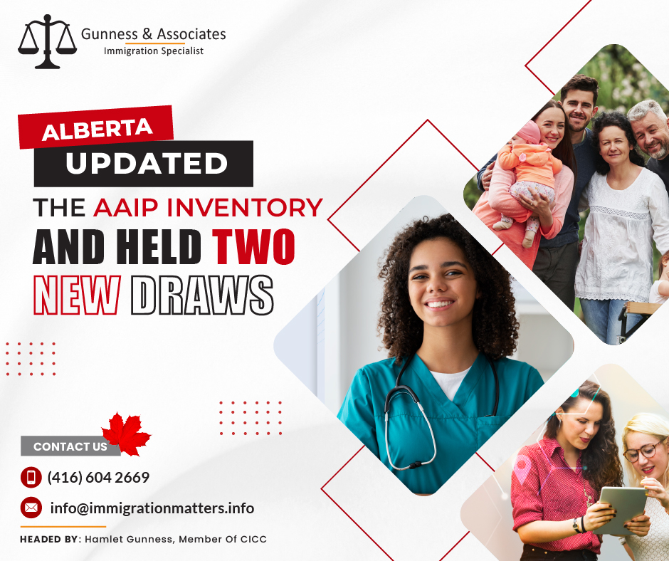 On December 12, 2023, Alberta published an update on the Alberta Advantage Immigration Program (AAIP) inventory and held two new AAIP draws. According to the new AAIP inventory update, there were around 3,232 Alberta Opportunity Stream applications, 1,087 Rural Renewal Stream applications, and 832 applications under all pathways (Family Connection and In-Demand Occupation Streams, Dedicated Healthcare Pathway, Priority Sectors, and Accelerated Tech Pathway) of the Express Entry stream. In 2024 and 2025, nominal increases of more than 10,000 nomination allocations per year are expected.These plans for AAIP nomination allocation are subject to change at any time. They are partially determined by many factors, including fluctuating application volumes and how nominations can be best allocated to meet Alberta's labor needs.In addition, on November 21 and December 5, 2023, the AAIP held two new draws and invited 11 and 19 candidates working in the healthcare sector, respectively. On November 21, 2023, Alberta sent out 11 notifications of interest in the Dedicated Healthcare Pathway with Alberta's job offer, a CRS score of 300 and above. On December 05, 2023, Alberta sent out 19 notifications of interest under the Dedicated Healthcare Pathway with Alberta's job offer, a CRS score of 300 and above. The lowest CRS for this draw was 301This year, Alberta invited 3,549 candidates under all AAIP streams.About the Alberta Advantage Immigration Program (AAIP)The Alberta Advantage Immigration Program (AAIP) is a program that nominates applicants for permanent residence in Alberta. Candidates must have the necessary skills to fill job shortages or have plans to buy or start a business in Alberta. They must also be able to support their families. The Alberta and Canadian governments run the program.If you are nominated through the program, you and your spouse or common-law partner, as well as any dependent children, may apply for permanent residence status.Applications for permanent residence are handled by Immigration, Refugees, and Citizenship Canada (IRCC).Join our RSS Feed If you want to know more details about “Alberta updated the AAIP inventory and held two new draws” you can contact one of our immigration specialists at  Gunness & Associates.Tel: (416) 604-2669 Email: info@immigrationmatters.infoGunness & Associates has helped thousands of people successfully immigrate to Canada with their families. Our skilled and experienced immigration experts have the expertise to accurately examine your case and advise you on the best method of proceeding to serve your needs.For honest and straightforward advice, contact the expertsat Gunness & AssociatesGet a free Assessment Join our newsletter and get up-to-date immigration news Click hereAll rights reserved ©2023 Gunness & Associates