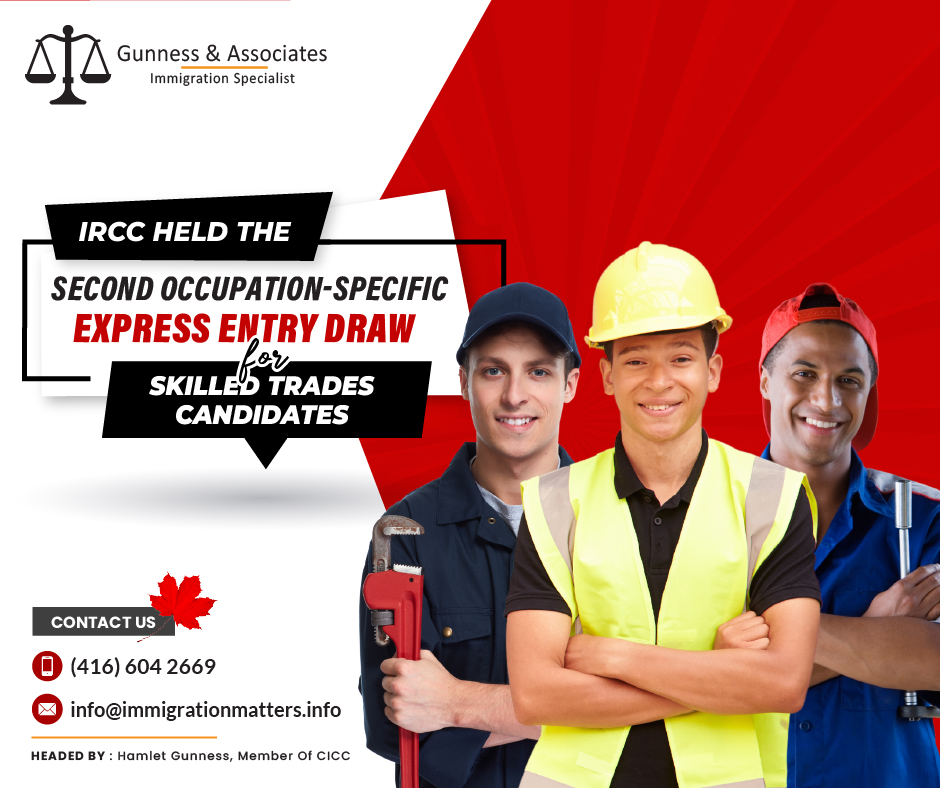 On December 19, 2023, Immigration, Refugees and Citizenship Canada (IRCC) held the second occupation-specific Canada Express Entry draw and issued 1,000 Invitations to Apply (ITA) to candidates working in one of the skilled trades occupations. In round #276, the cut-off score was 425, 37 points more than the previous draw for this category-based selection. The tie-breaking rule for this round was November 04, 2023, at 11:16:58 UTC. As of December 17, 2023, there were 208,638 profiles registered in the Express Entry pool. This year, Canada issued 109,196 ITAs through the Express Entry draws.Important Factors considered for express entry candidatesFactors considered for express entry candidates included ITAs by program, province, score, age, and occupation. Most successful were Canadian Experience Class applicants in their 20s, often software engineers planning to live in Ontario. By program, 45% of ITAs went to the CEC, 30% to FSWP, and 26% to the PNP. Almost half of all ITA recipients planned to reside in Ontario, followed by British Columbia, Alberta, and Nova Scotia. Click here to read the complete details.This year, Canada has held the following Express entry draws:There are 19 all-program draws.
There are five PNP draws.
Five draws are aimed specifically at French speakers.
Three draws are aimed specifically at healthcare occupations.
One draw is aimed specifically at STEM occupations.
2 draws aimed at skilled tradespeople.
One draw was specifically for Federal Skilled Worker candidatesJoin our RSS Feed If you want to know more details about the “IRCC held the second occupation-specific Express Entry draw for skilled trades candidates" you can contact one of our immigration specialists at  Gunness & Associates.Tel: (416) 604-2669 Email: info@immigrationmatters.infoGunness & Associates has helped thousands of people successfully immigrate to Canada with their families. Our skilled and experienced immigration experts have the expertise to accurately examine your case and advise you on the best method of proceeding to serve your needs.For honest and straightforward advice, contact the expertsat Gunness & AssociatesGet a free Assessment Join our newsletter and get up-to-date immigration news Click hereAll rights reserved ©2023 Gunness & Associates