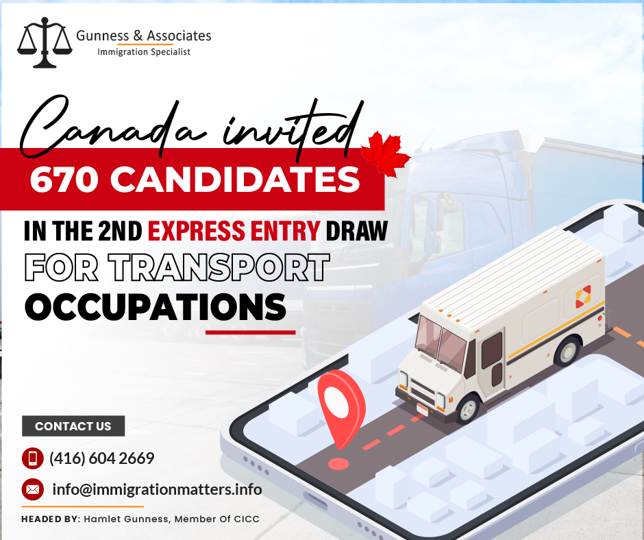 On December 20, 2023, Immigration, Refugees and Citizenship Canada (IRCC) held the second round of invitations in the Express Entry system for newcomers with work experience in transport occupations. Express Entry draw for transport occupations #277 was the third consecutive draw of the week, and 670 Invitations to Apply (ITA) were issued to skilled workers with work experience in the transport sector. In this draw, the cut-off score was 435 points. The tie-breaking rule for this round was August 30, 2023, at 17:30:21 UTC. As of December 20, 2023, there are 208,638 profiles registered in the Express Entry pool. In 2023, Canada issued 109,866 ITAs through the Express Entry draws.As a candidate, you can work with an immigration specialist. Fill out the form to Get an assessment from an experienced and licensed immigration consultant.Invited transport occupations in this Express Entry drawIRCC invited 670 candidates in the 2nd express entry draw for transport occupation, Invited transport occupations with their NOC code are the following:93200 - Aircraft assemblers and aircraft assembly inspectors
73300 - Transport truck drivers
72604 - Railway traffic controllers and marine traffic regulators
72603 - Engineer officers, water transport
72602 - Deck officers, water transport
72601 - Air traffic controllers and related occupations
72600 - Air pilots, flight engineers, and flying instructors
72404 - Aircraft mechanics and aircraft inspectors
72403 - Railway carmen/women
70020 - Managers in transportationExpress Entry Draws 2023About the Express Entry system The Canadian government uses Express Entry, an online system, to organize and process applications for skilled workers who want to immigrate to Canada and get Canadian permanent residence status. Express Entry will result in processing times of six months or less for potential skilled foreign workers. Express Entry manages permanent residency applications under three federal economic immigration programs.Federal Skilled Worker Program
Federal Skilled Trades Program
Canadian Experience ClassJoin our RSS Feed If you want to know more details about the “Canada invited 670 candidates in the 2nd Express Entry draw for transport occupations" you can contact one of our immigration specialists at  Gunness & Associates.Tel: (416) 604-2669 Email: info@immigrationmatters.infoGunness & Associates has helped thousands of people successfully immigrate to Canada with their families. Our skilled and experienced immigration experts have the expertise to accurately examine your case and advise you on the best method of proceeding to serve your needs.For honest and straightforward advice, contact the expertsat Gunness & AssociatesGet a free Assessment Join our newsletter and get up-to-date immigration news Click hereAll rights reserved ©2023 Gunness & Associates