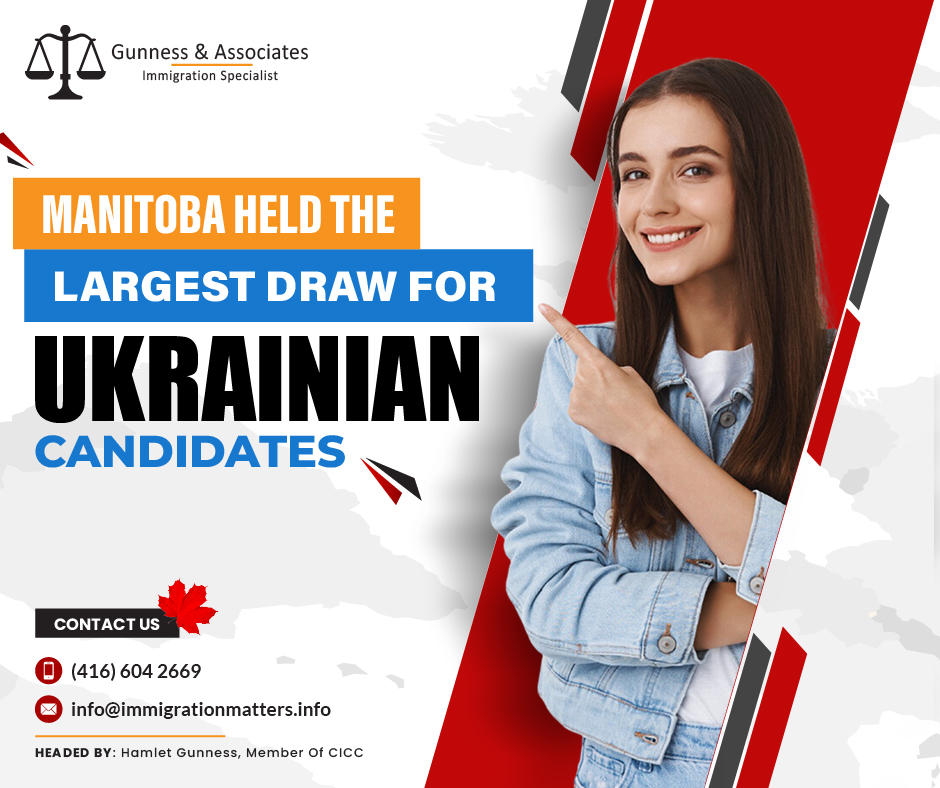 On December 4, 2023, the Government of Manitoba held the largest draw for Ukrainian candidates. The province invited 117 candidates through the Manitoba Provincial Nominee Program (MPNP) in this draw. To be eligible, applicants must: be Ukrainian citizens, 
have a minimum of CLB 4 in each language band, 
have connections to the province (close relatives, community ties, previous employment, or studies in Manitoba), 
score at least 60 points in the EOI registration points grid, and 
possess a valid language test in one of the official languages. In total, the province invited 14,567 candidates in 2023, including 412 Ukrainian nationals.About the Expression of Interest (EOI) SystemThe Expression of Interest (EOI) ranking system applies to the Skilled Worker and International Education Stream pathways. The Business Investor Stream pathways each have their process for submitting an EOI. Submitting an EOI is the first step toward obtaining permanent residency in Manitoba through the Manitoba Provincial Nominee Program (MPNP).An EOI is not a formal application, but rather a profile. Anyone interested in applying to the MPNP must submit an Expression of Interest (EOI). Candidates answer a series of questions and are assigned EOI ranking points based on their responses. Your profile is then added to a pool of all qualified candidates. Regularly, the MPNP invites the highest-scoring candidates in the pool to submit a full application to the MPNP.Join our RSS Feed Want to know more details about the “Manitoba held the largest draw for Ukrainian candidates” you can contact one of our immigration specialists at  Gunness & Associates.Tel: (416) 604-2669 Email: info@immigrationmatters.infoGunness & Associates has helped thousands of people successfully immigrate to Canada with their families. Our skilled and experienced immigration experts have the expertise to accurately examine your case and advise you on the best method of proceeding to best serve your needs.For honest and straightforward advice, contact the expertsat Gunness & AssociatesGet a free Assessment Join our newsletter and get up-to-date immigration news Click hereAll rights reserved ©2023 Gunness & Associates